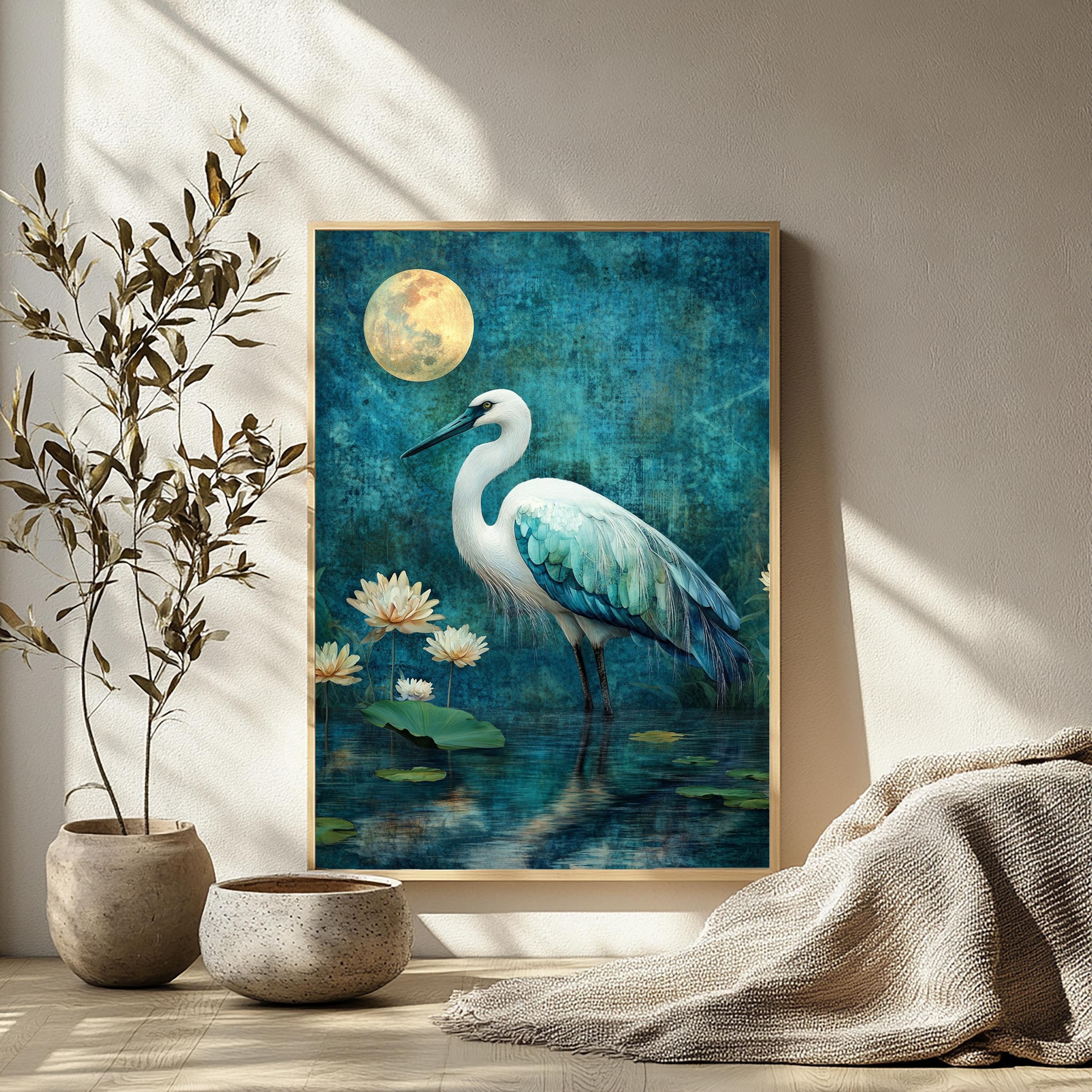Mystical Heron Wall Art, Moonlit Lotus Pond Canvas, Blue Bird Landscape Print, Nature Wall Decor, Serene Home Accent