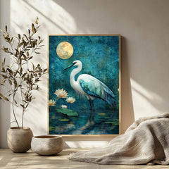 Mystical Heron Wall Art, Moonlit Lotus Pond Canvas, Blue Bird Landscape Print, Nature Wall Decor, Serene Home Accent