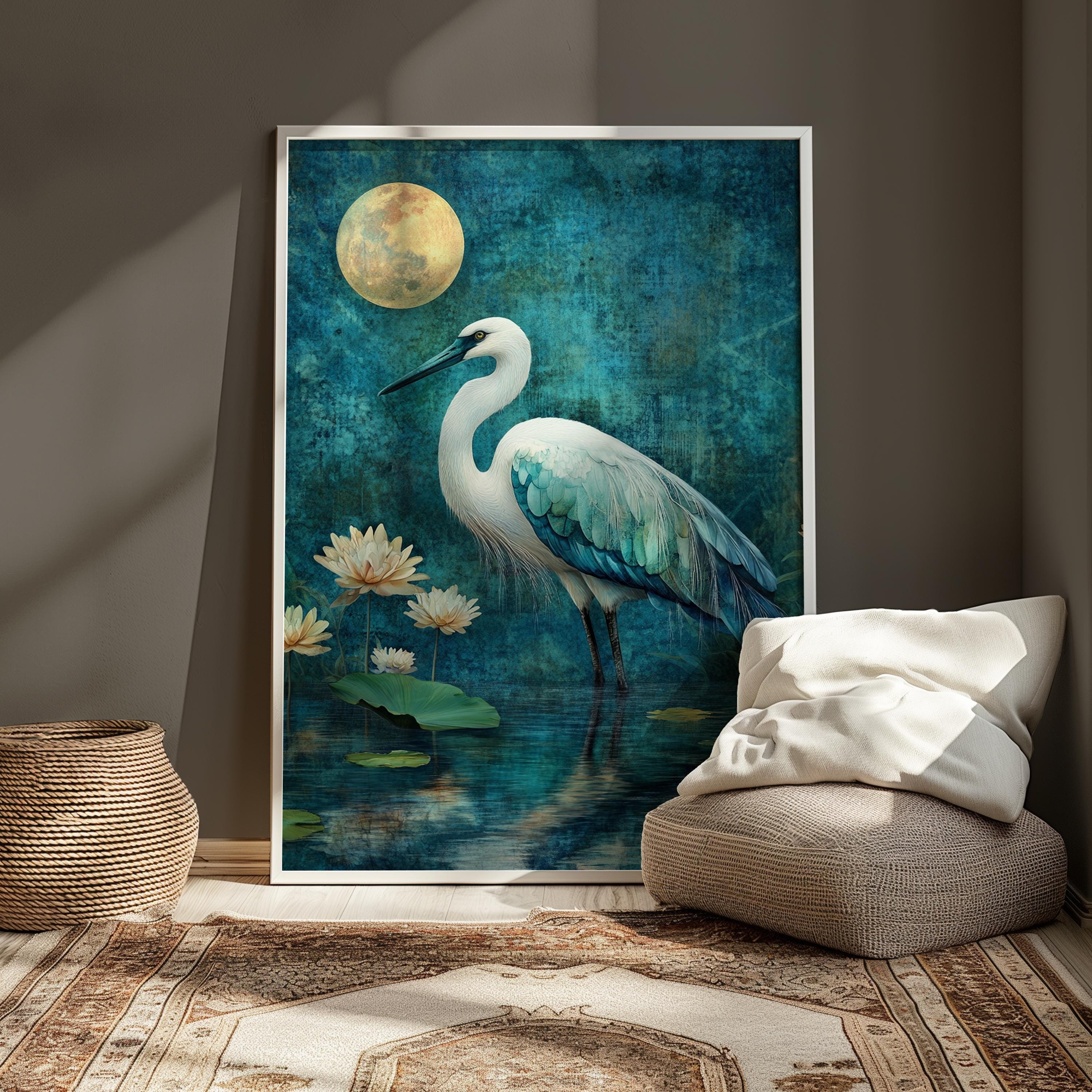Mystical Heron Wall Art, Moonlit Lotus Pond Canvas, Blue Bird Landscape Print, Nature Wall Decor, Serene Home Accent
