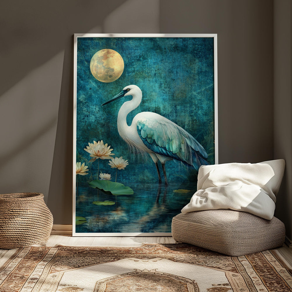 Mystical Heron Wall Art, Moonlit Lotus Pond Canvas, Blue Bird Landscape Print, Nature Wall Decor, Serene Home Accent