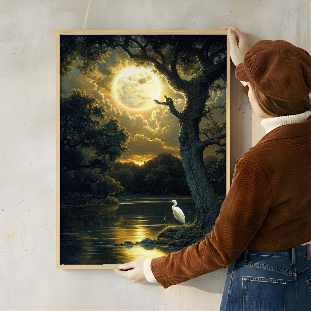 Mystical Moonlit Wall Art, Golden Full Moon River Canvas, White Heron Night Landscape Print, Nature Wall Decor, Serene Home Accent