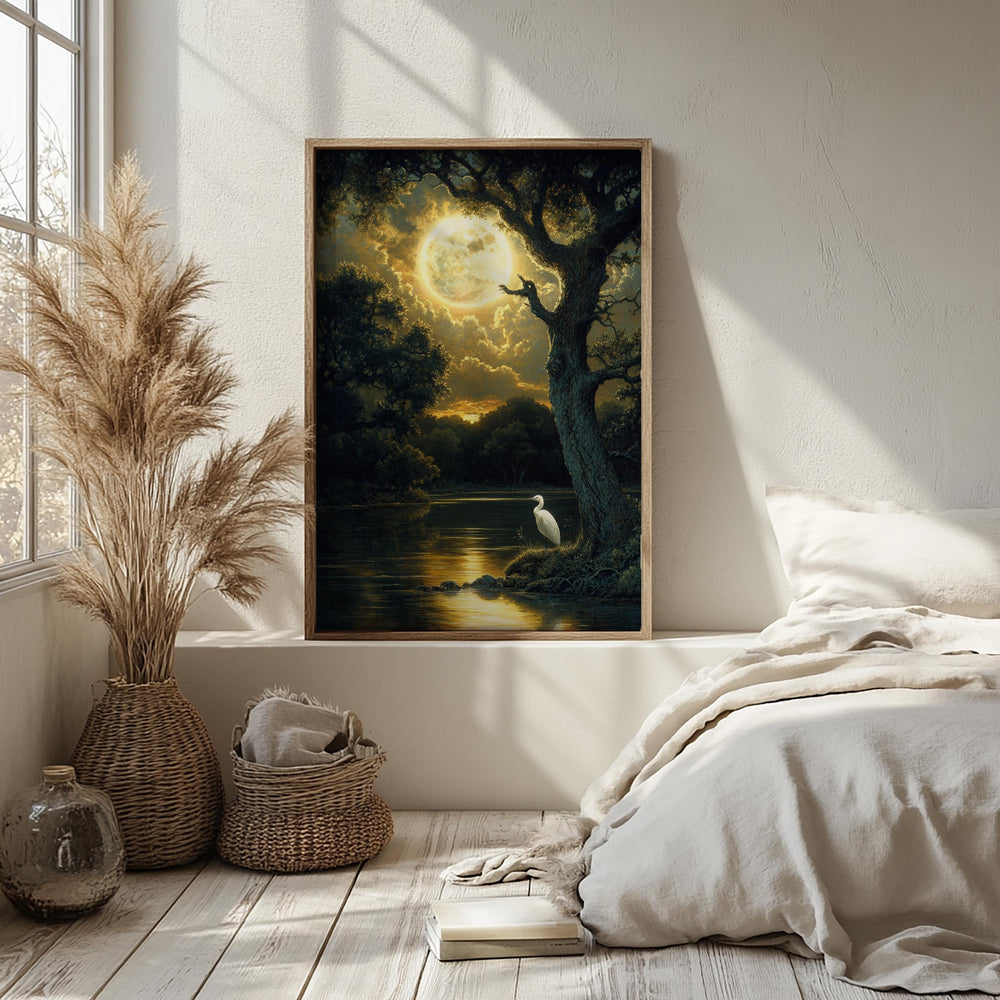 Mystical Moonlit Wall Art, Golden Full Moon River Canvas, White Heron Night Landscape Print, Nature Wall Decor, Serene Home Accent