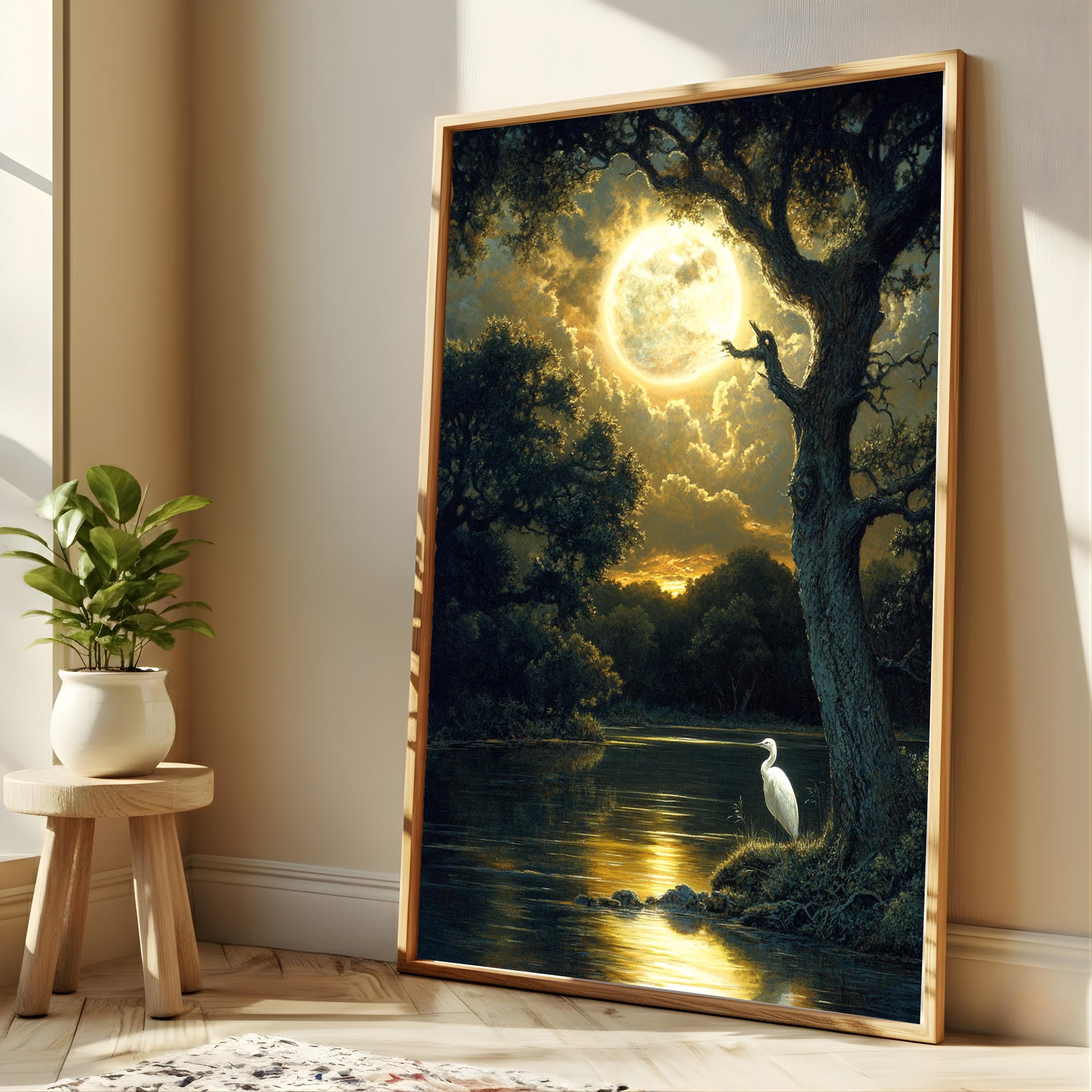 Mystical Moonlit Wall Art, Golden Full Moon River Canvas, White Heron Night Landscape Print, Nature Wall Decor, Serene Home Accent
