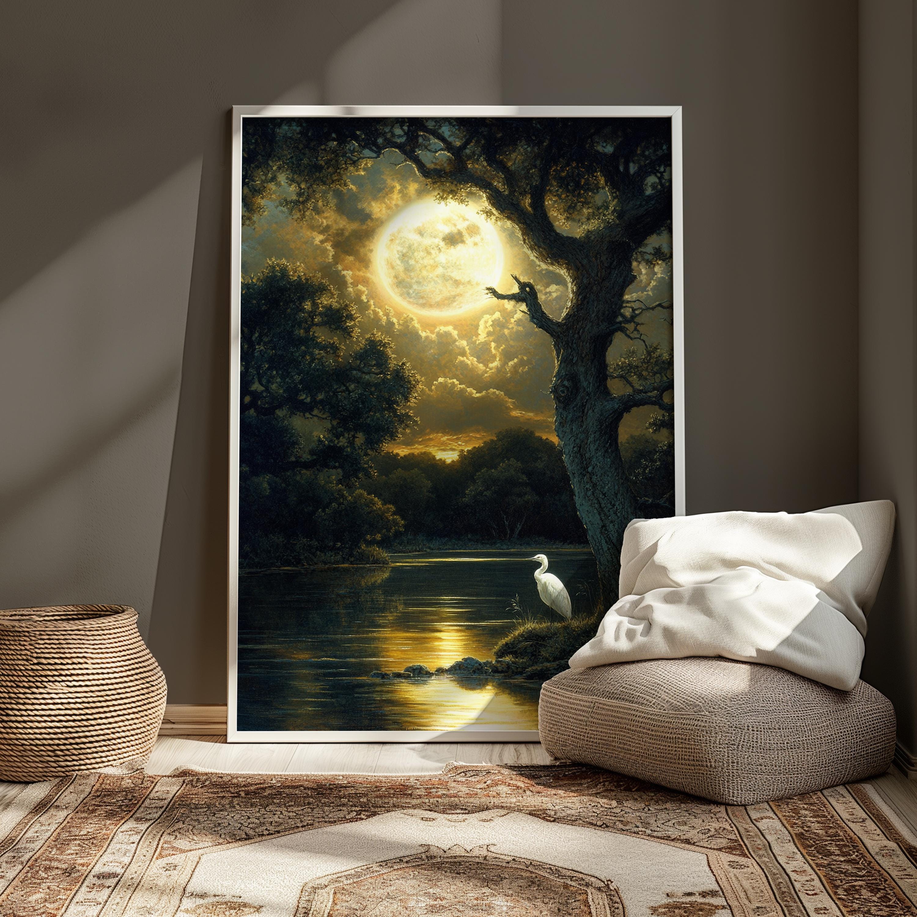 Mystical Moonlit Wall Art, Golden Full Moon River Canvas, White Heron Night Landscape Print, Nature Wall Decor, Serene Home Accent