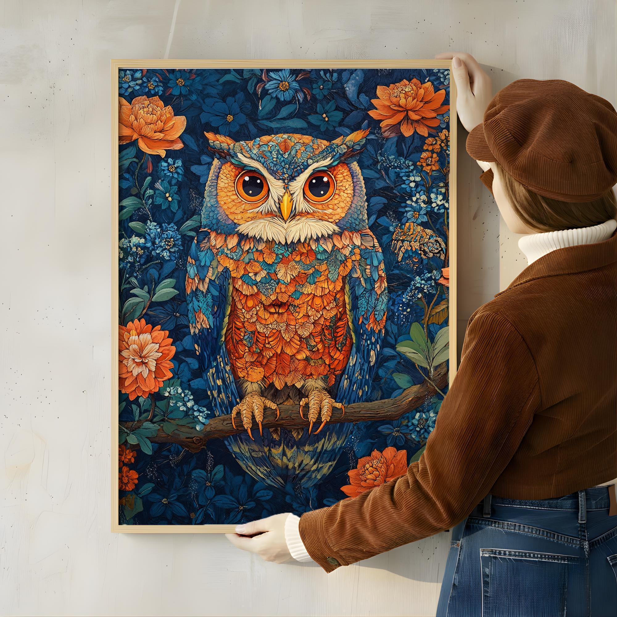 Colorful Owl Wall Art, Botanical Night Bird Canvas, Floral Woodland Illustration Print, Nature Wall Decor, Whimsical Home Accent
