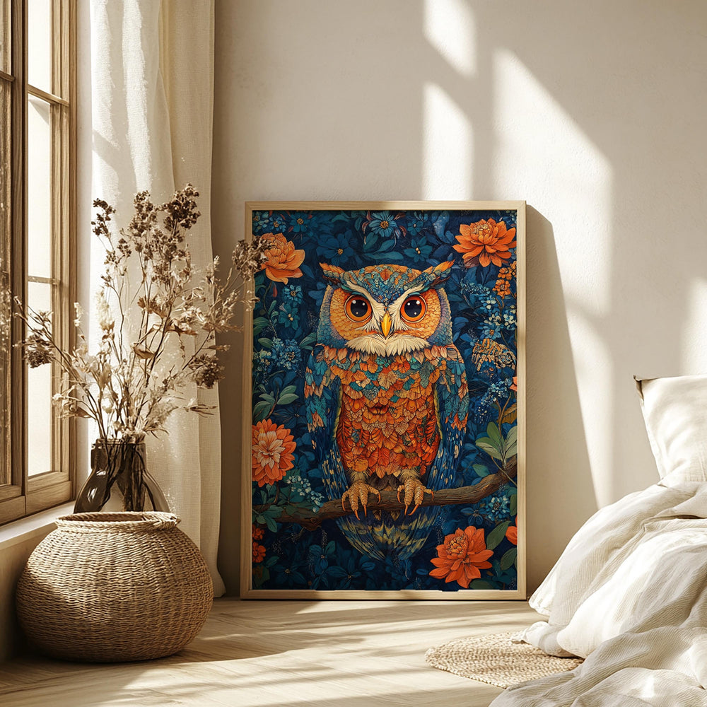 Colorful Owl Wall Art, Botanical Night Bird Canvas, Floral Woodland Illustration Print, Nature Wall Decor, Whimsical Home Accent