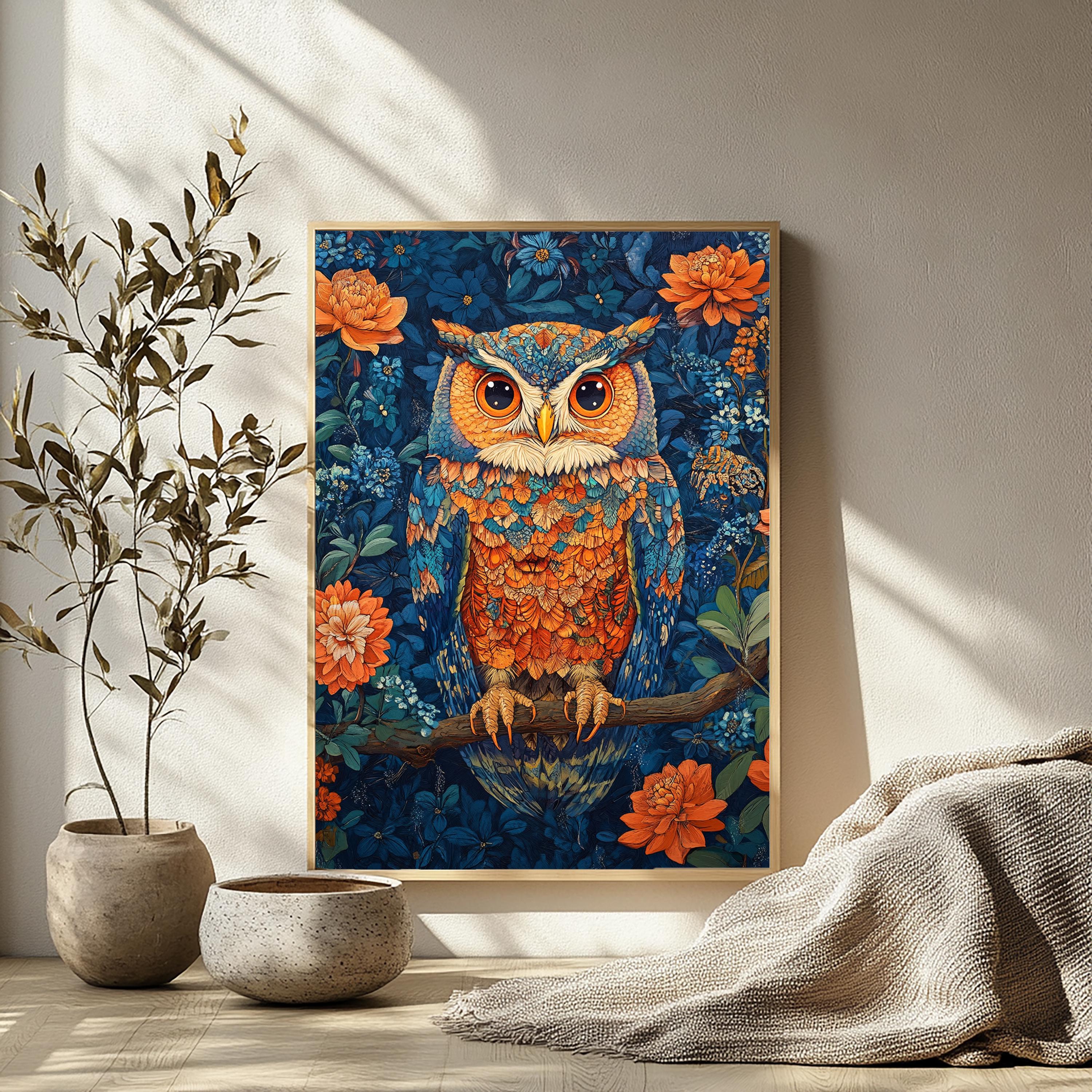 Colorful Owl Wall Art, Botanical Night Bird Canvas, Floral Woodland Illustration Print, Nature Wall Decor, Whimsical Home Accent