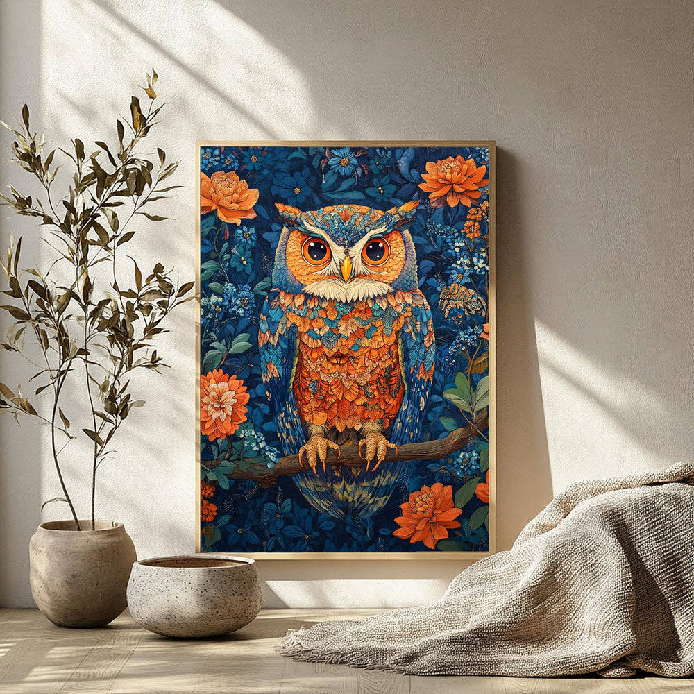Colorful Owl Wall Art, Botanical Night Bird Canvas, Floral Woodland Illustration Print, Nature Wall Decor, Whimsical Home Accent