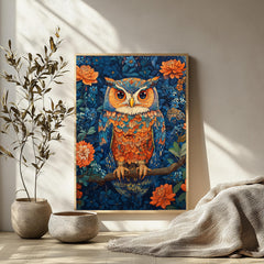 Colorful Owl Wall Art, Botanical Night Bird Canvas, Floral Woodland Illustration Print, Nature Wall Decor, Whimsical Home Accent