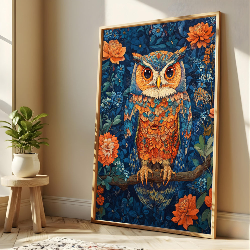 Colorful Owl Wall Art, Botanical Night Bird Canvas, Floral Woodland Illustration Print, Nature Wall Decor, Whimsical Home Accent