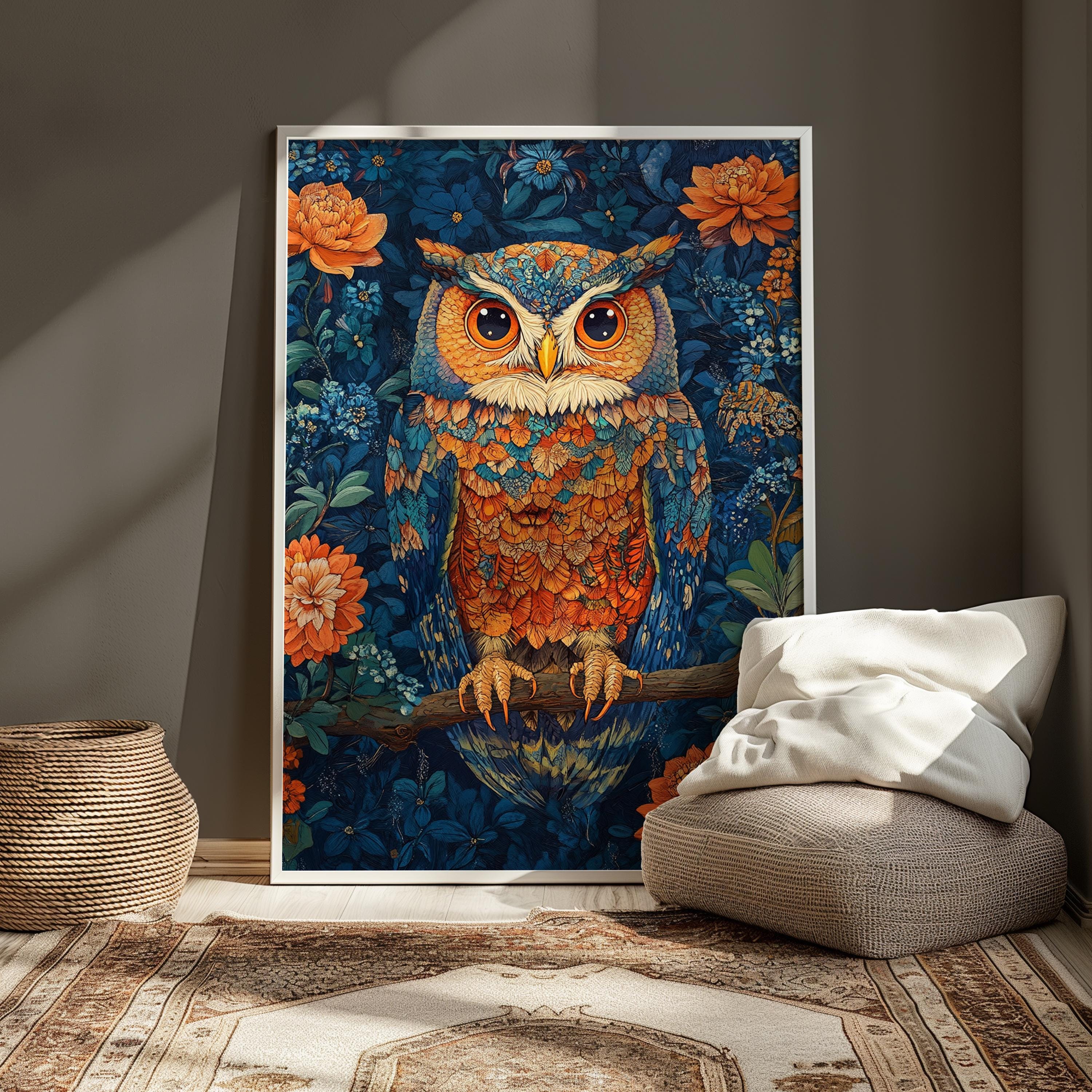 Colorful Owl Wall Art, Botanical Night Bird Canvas, Floral Woodland Illustration Print, Nature Wall Decor, Whimsical Home Accent