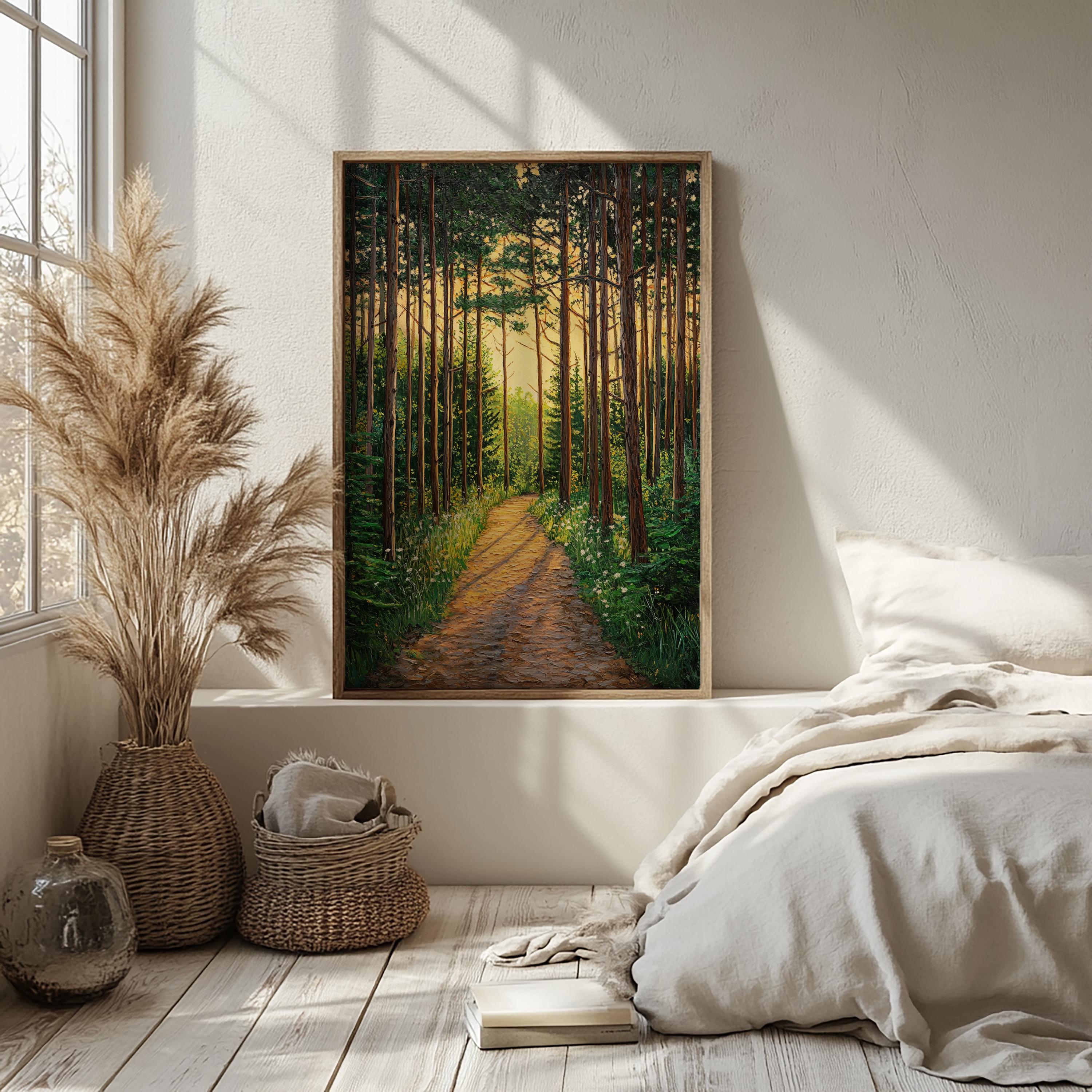 Sunlit Forest Wall Art, Woodland Path Canvas, Golden Tree Landscape Print, Nature Wall Decor, Serene Home Accent
