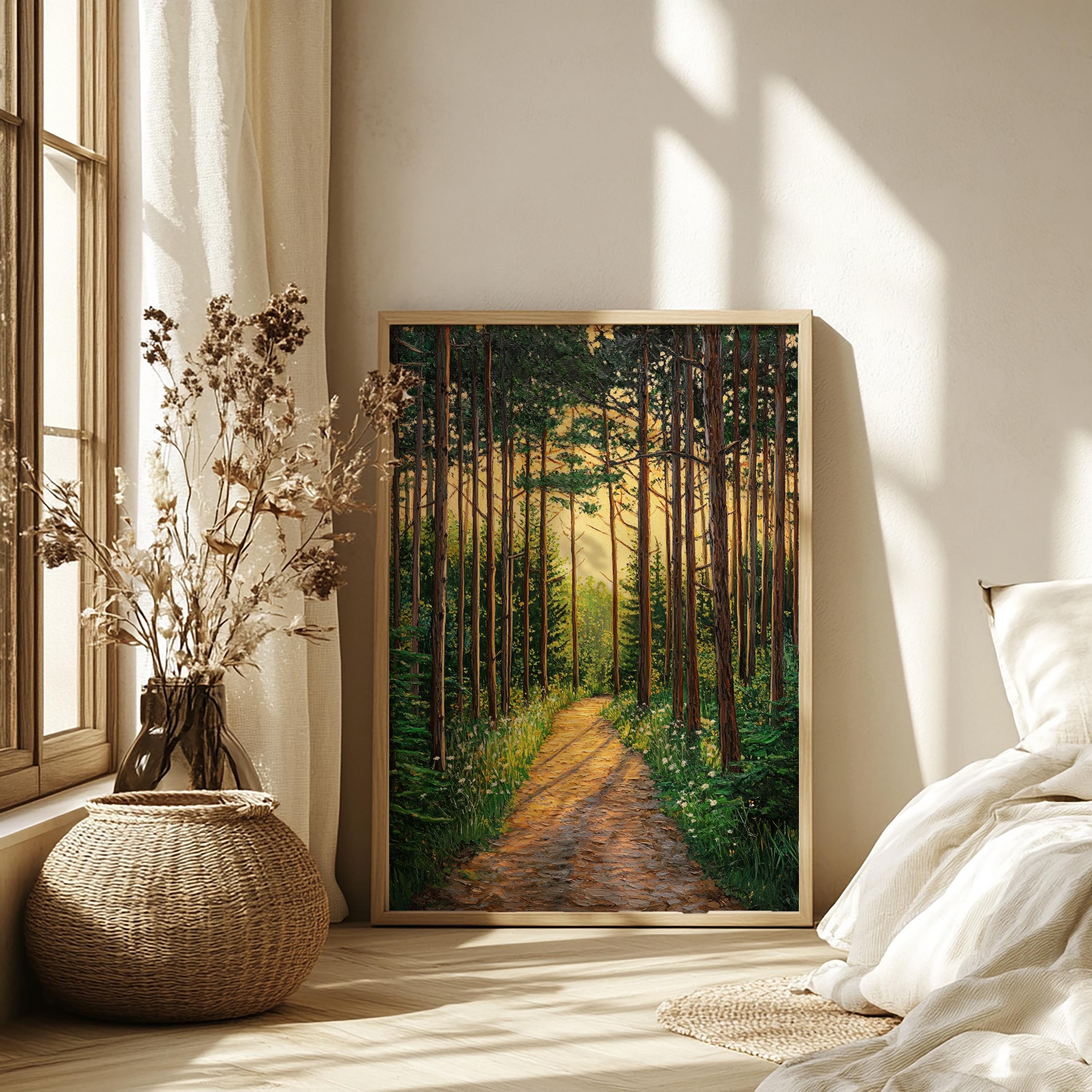 Sunlit Forest Wall Art, Woodland Path Canvas, Golden Tree Landscape Print, Nature Wall Decor, Serene Home Accent