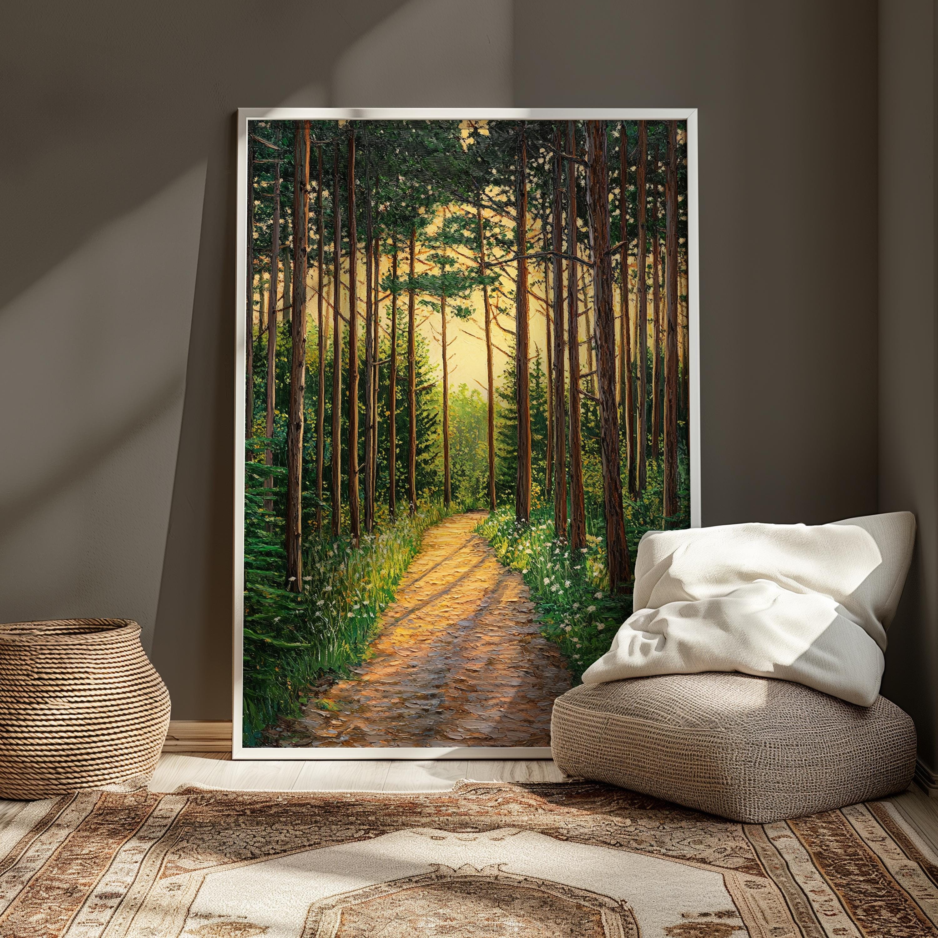 Sunlit Forest Wall Art, Woodland Path Canvas, Golden Tree Landscape Print, Nature Wall Decor, Serene Home Accent