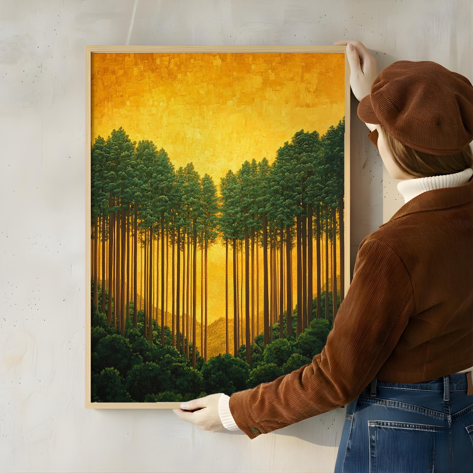 Golden Forest Wall Art, Sunlit Pine Trees Canvas, Warm Woodland Landscape Print, Nature Wall Decor, Serene Home Accent