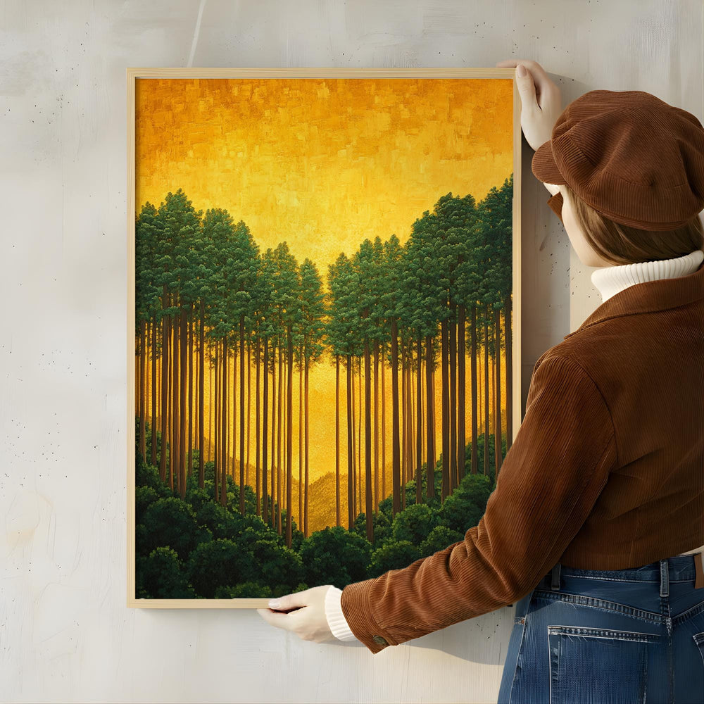 Golden Forest Wall Art, Sunlit Pine Trees Canvas, Warm Woodland Landscape Print, Nature Wall Decor, Serene Home Accent
