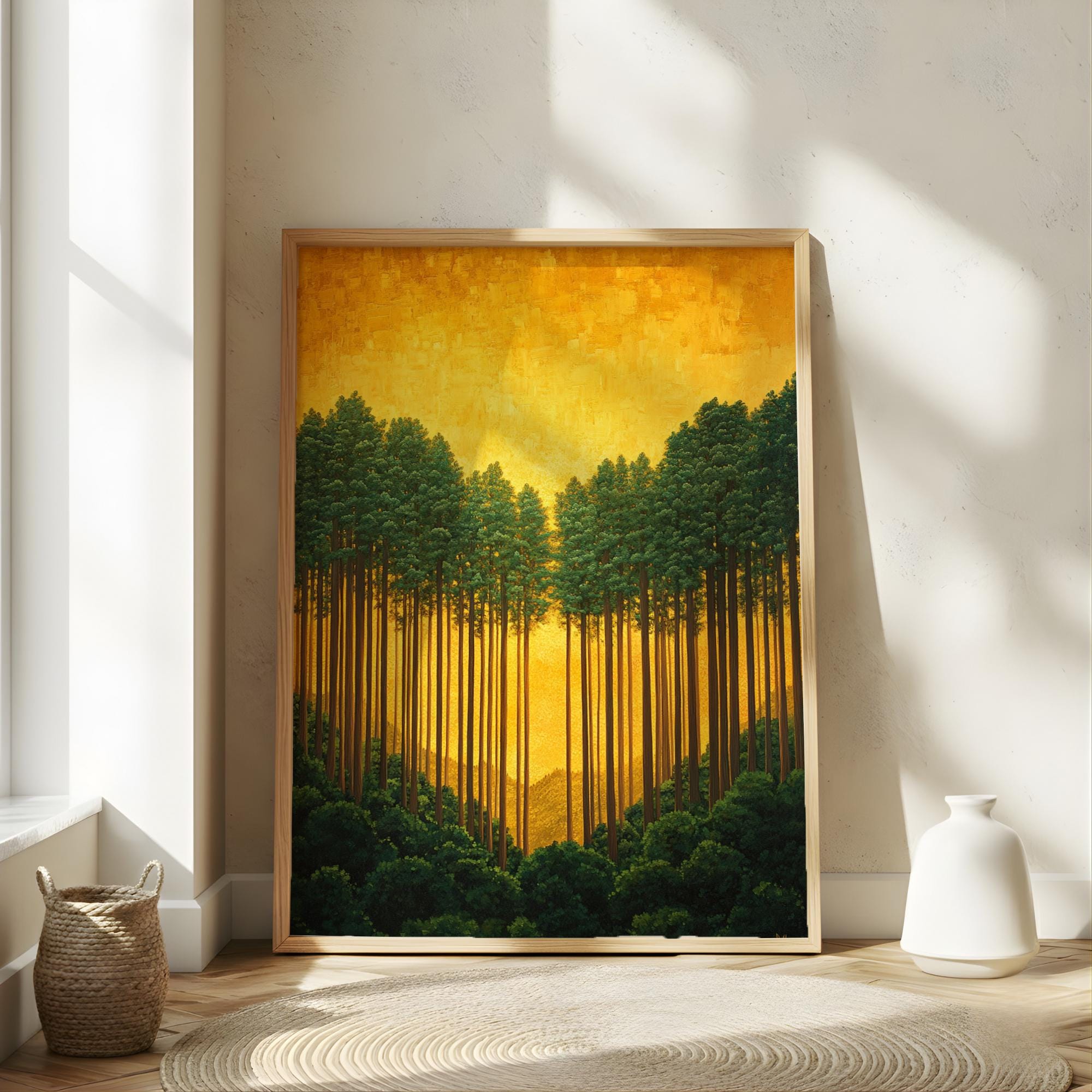 Golden Forest Wall Art, Sunlit Pine Trees Canvas, Warm Woodland Landscape Print, Nature Wall Decor, Serene Home Accent