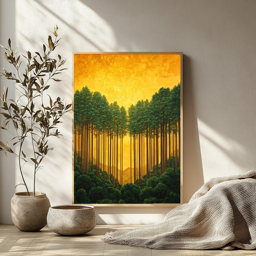 Golden Forest Wall Art, Sunlit Pine Trees Canvas, Warm Woodland Landscape Print, Nature Wall Decor, Serene Home Accent
