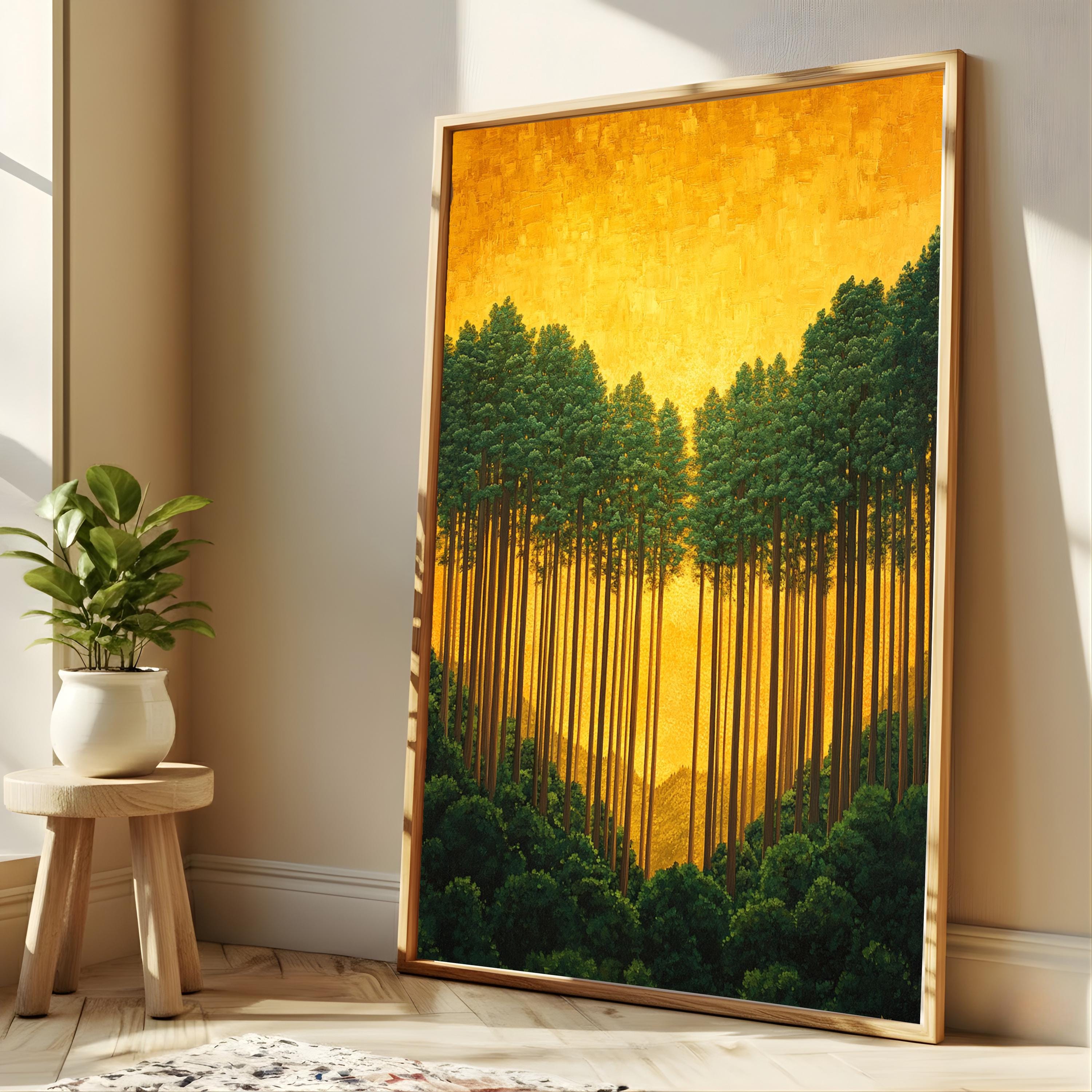 Golden Forest Wall Art, Sunlit Pine Trees Canvas, Warm Woodland Landscape Print, Nature Wall Decor, Serene Home Accent
