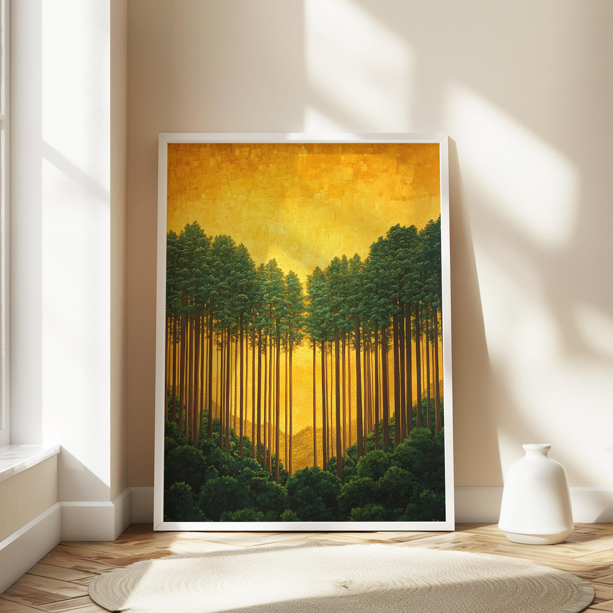 Golden Forest Wall Art, Sunlit Pine Trees Canvas, Warm Woodland Landscape Print, Nature Wall Decor, Serene Home Accent