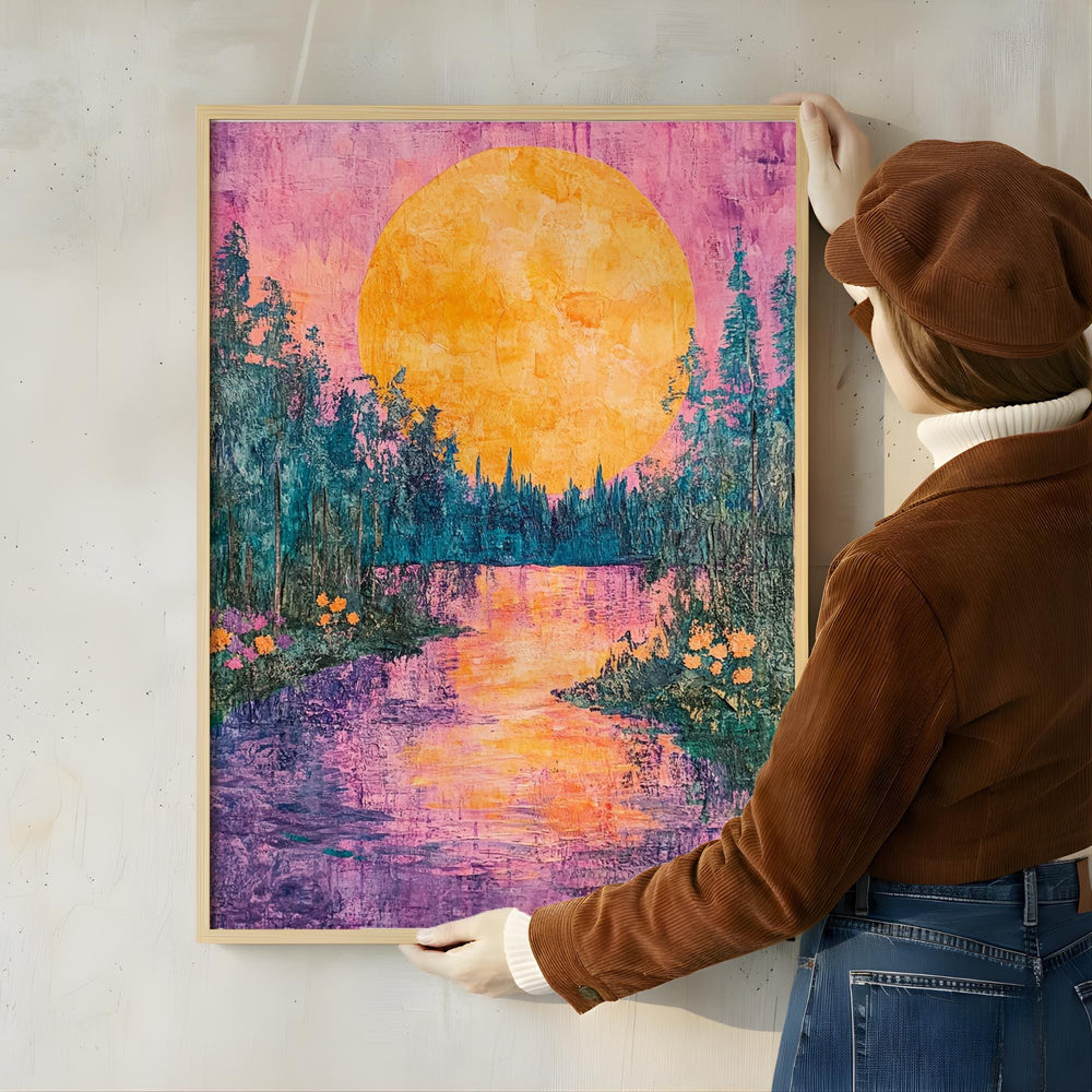Golden Moon Landscape Wall Art, Colorful Forest River Canvas, Vibrant Sunset Nature Print, Scenic Wall Decor, Tranquil Home Accent
