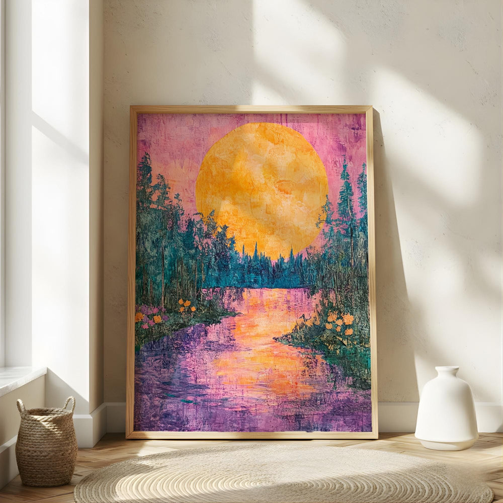 Golden Moon Landscape Wall Art, Colorful Forest River Canvas, Vibrant Sunset Nature Print, Scenic Wall Decor, Tranquil Home Accent