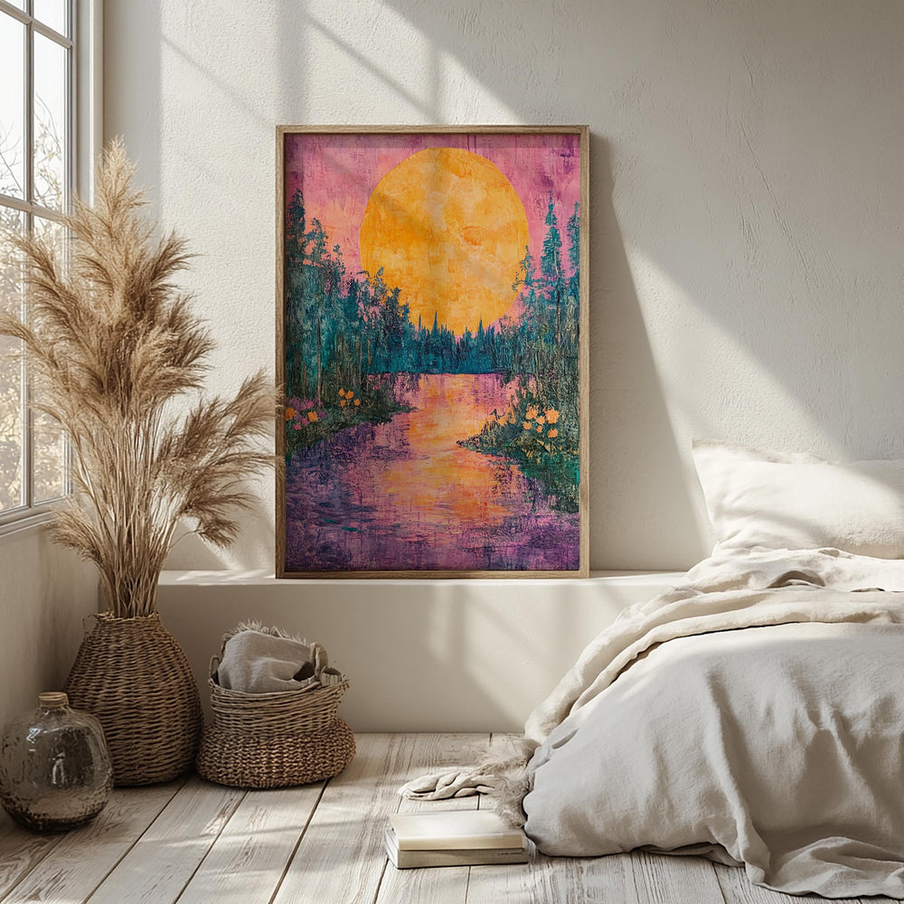 Golden Moon Landscape Wall Art, Colorful Forest River Canvas, Vibrant Sunset Nature Print, Scenic Wall Decor, Tranquil Home Accent