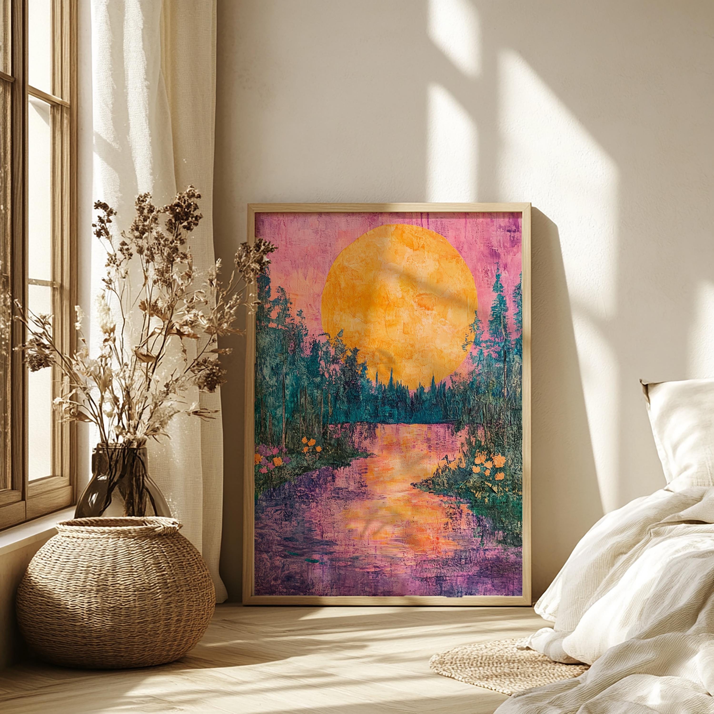 Golden Moon Landscape Wall Art, Colorful Forest River Canvas, Vibrant Sunset Nature Print, Scenic Wall Decor, Tranquil Home Accent