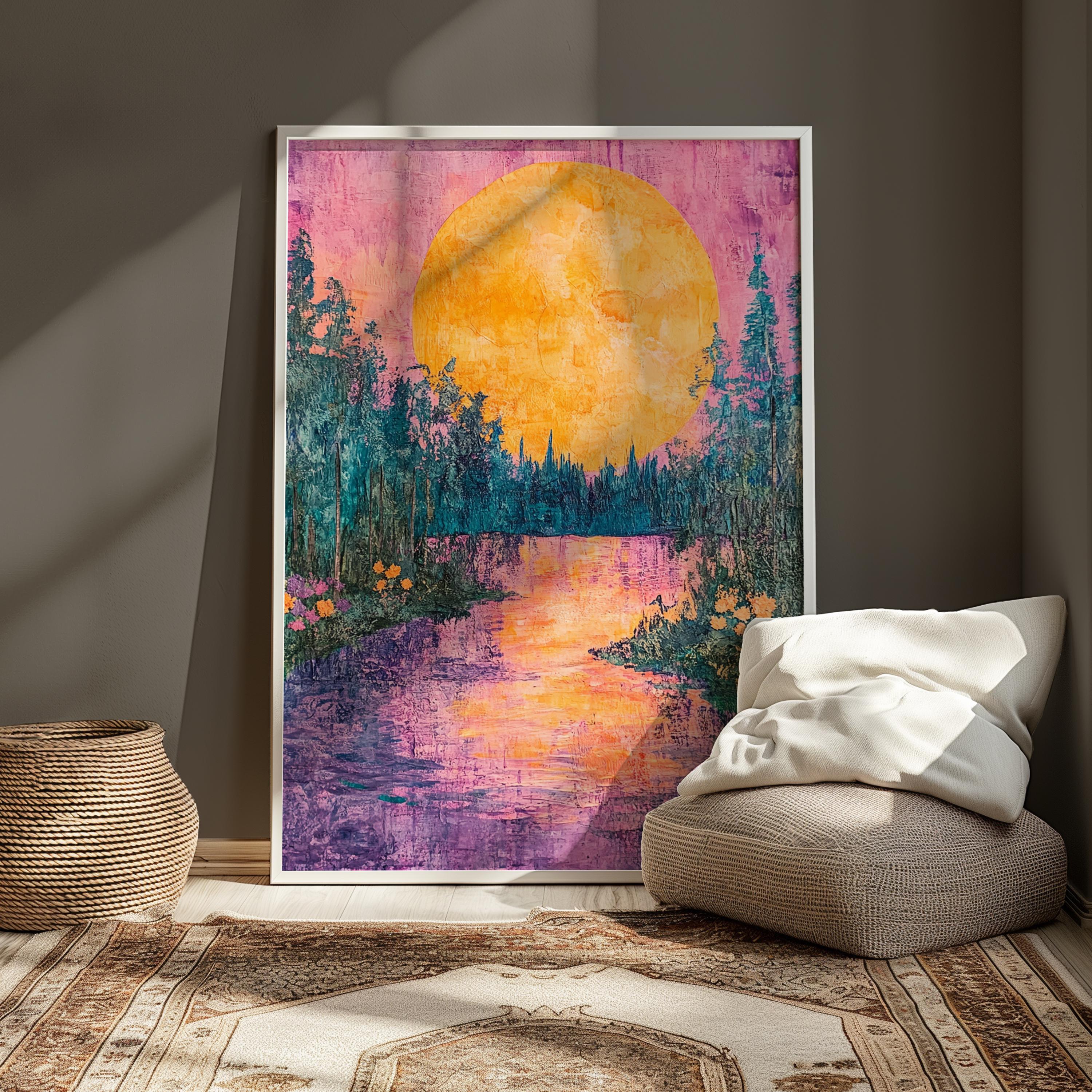 Golden Moon Landscape Wall Art, Colorful Forest River Canvas, Vibrant Sunset Nature Print, Scenic Wall Decor, Tranquil Home Accent