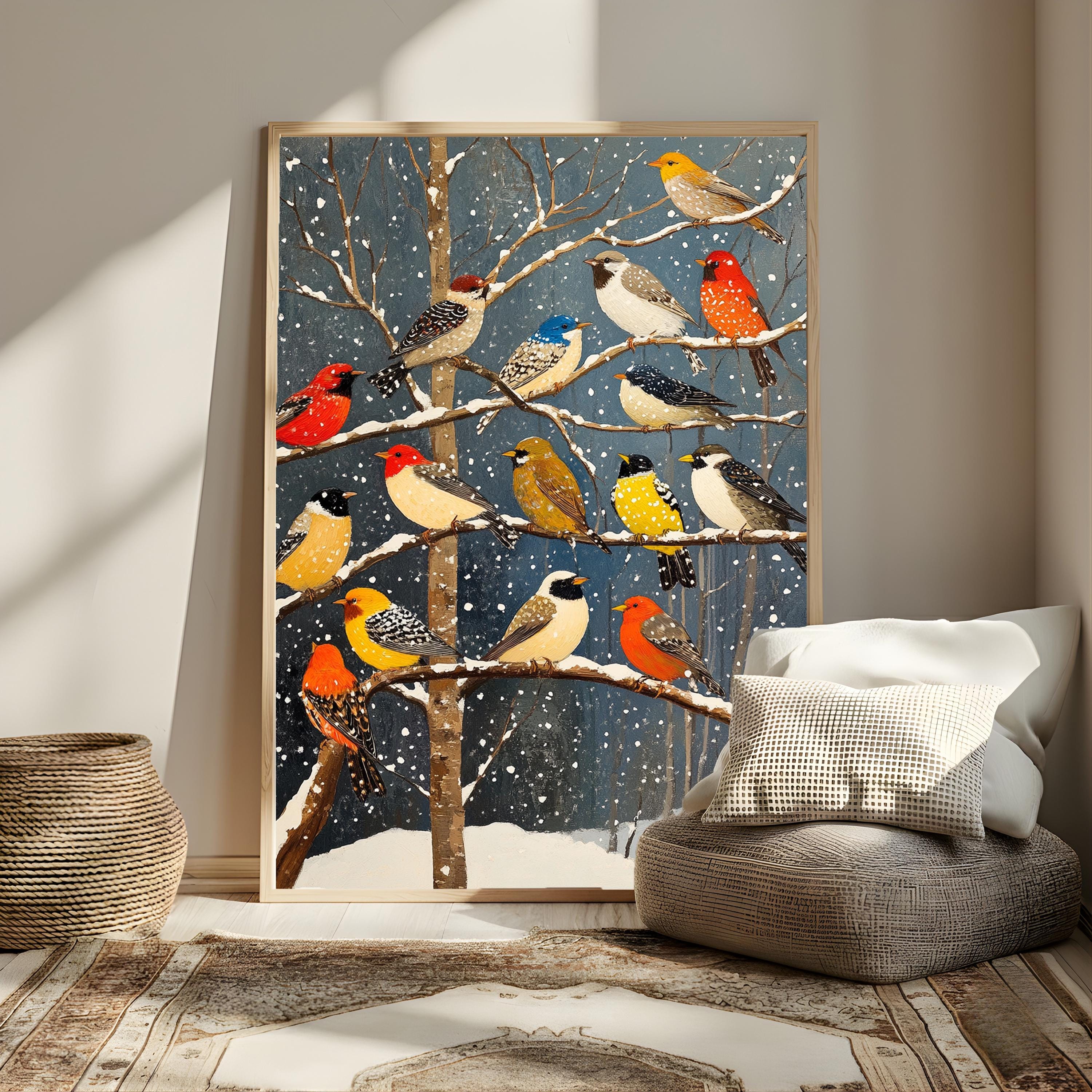 Winter Birds Wall Art, Colorful Songbirds Snowy Branches Canvas, Woodland Wildlife Illustration Print, Nature Wall Decor, Cozy Home Accent