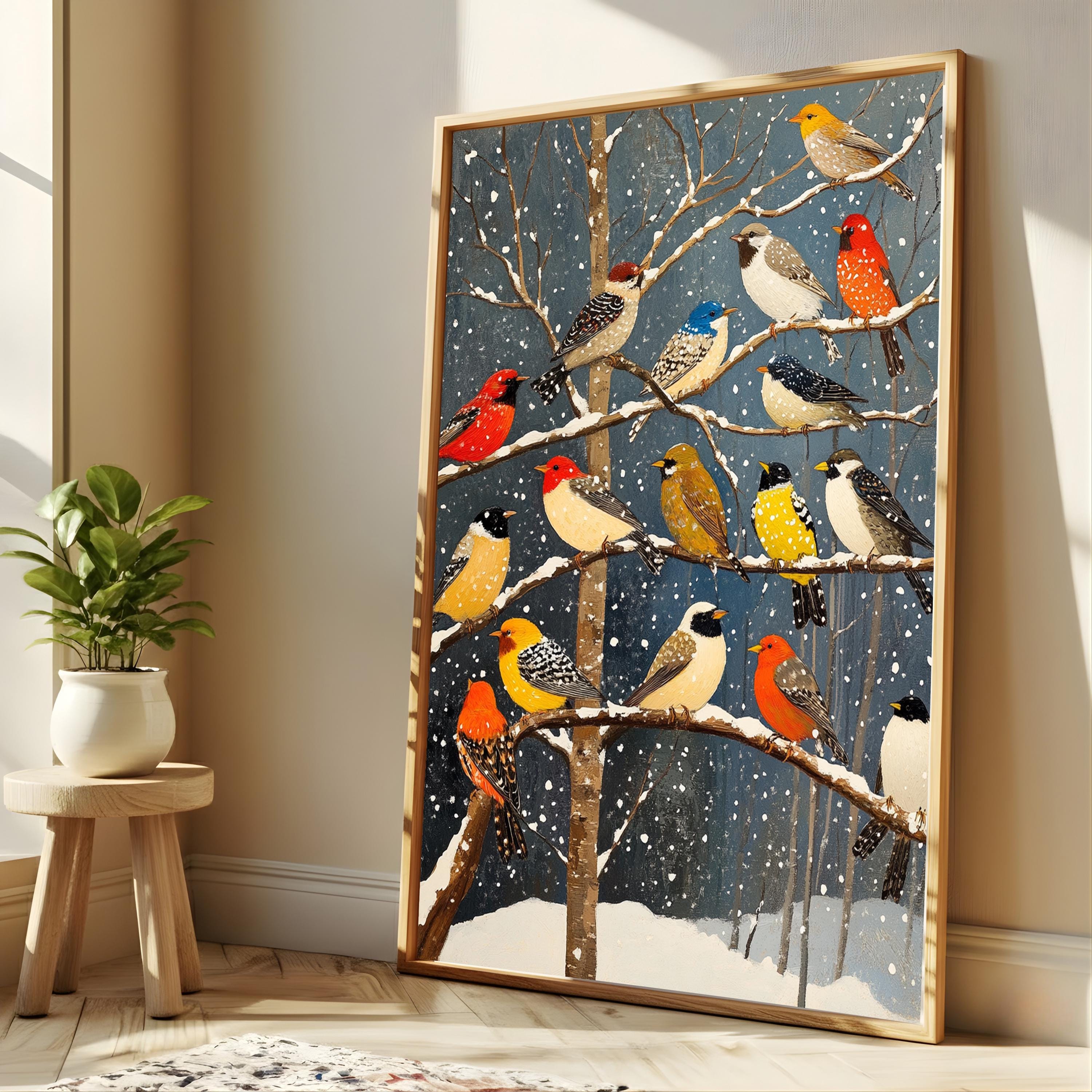 Winter Birds Wall Art, Colorful Songbirds Snowy Branches Canvas, Woodland Wildlife Illustration Print, Nature Wall Decor, Cozy Home Accent
