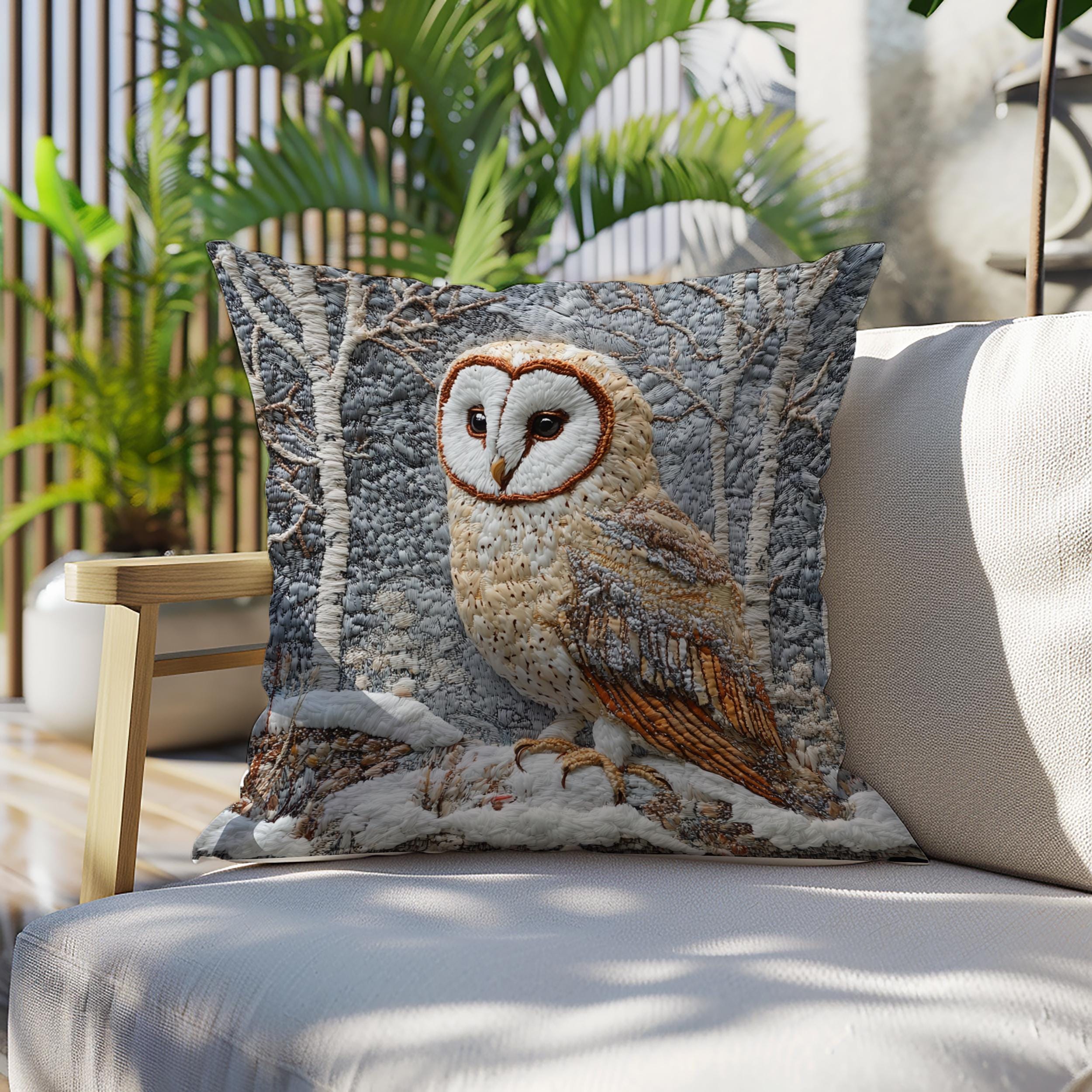 Winter Woodland Barn Owl Throw Pillow, Folk Art Cushion, Neutral Forest Wildlife Decor, Cozy Cottage Accent, Nature Inspired Pillow