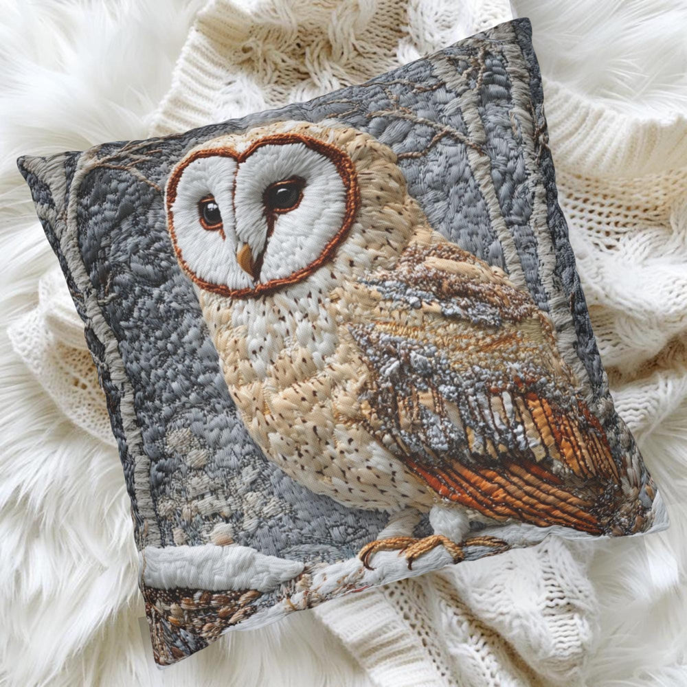 Winter Woodland Barn Owl Throw Pillow, Folk Art Cushion, Neutral Forest Wildlife Decor, Cozy Cottage Accent, Nature Inspired Pillow