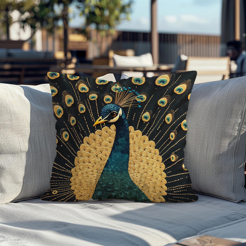 Gilded Peacock Throw Pillow, Ornate Feather Bird Cushion, Vintage Folk Art Home Decor, Elegant Botanical Accent Pillow