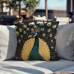 Gilded Peacock Throw Pillow, Ornate Feather Bird Cushion, Vintage Folk Art Home Decor, Elegant Botanical Accent Pillow
