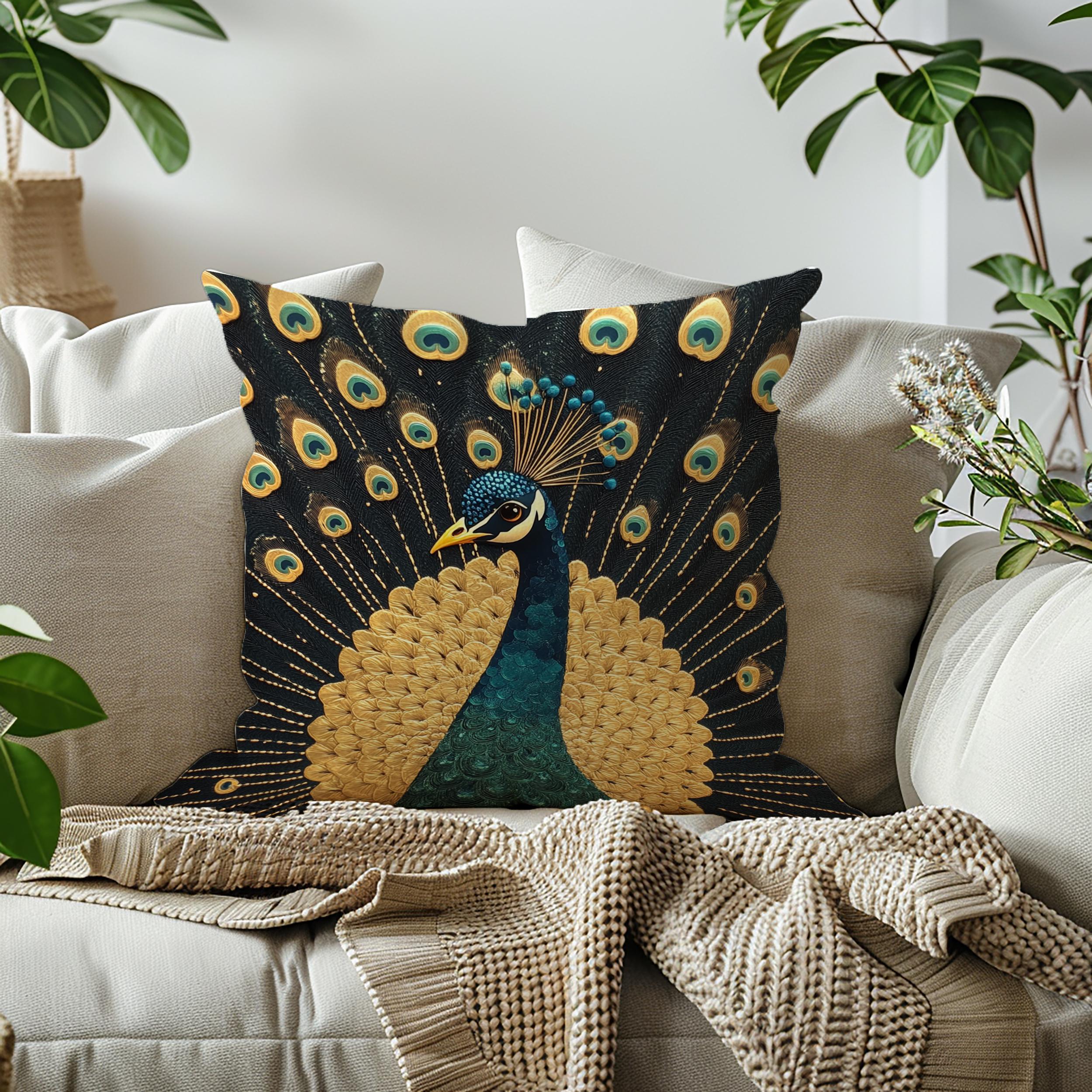 Gilded Peacock Throw Pillow, Ornate Feather Bird Cushion, Vintage Folk Art Home Decor, Elegant Botanical Accent Pillow