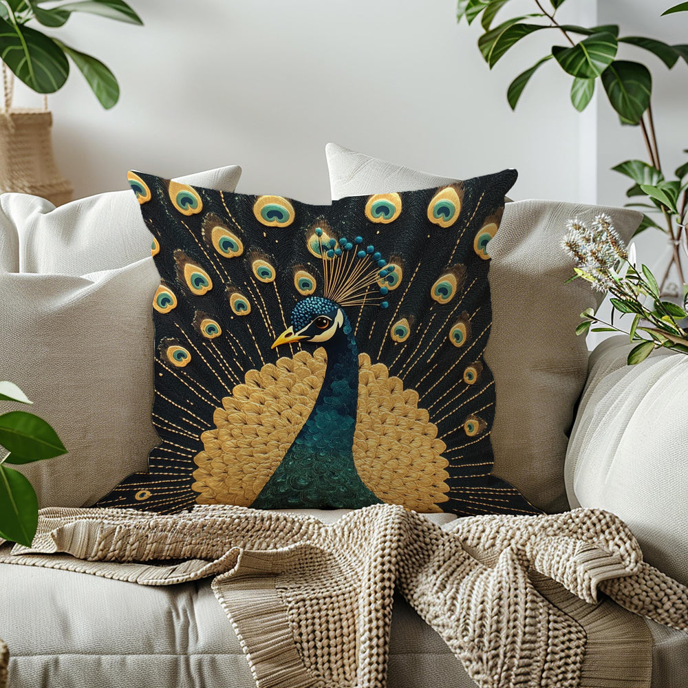 Gilded Peacock Throw Pillow, Ornate Feather Bird Cushion, Vintage Folk Art Home Decor, Elegant Botanical Accent Pillow