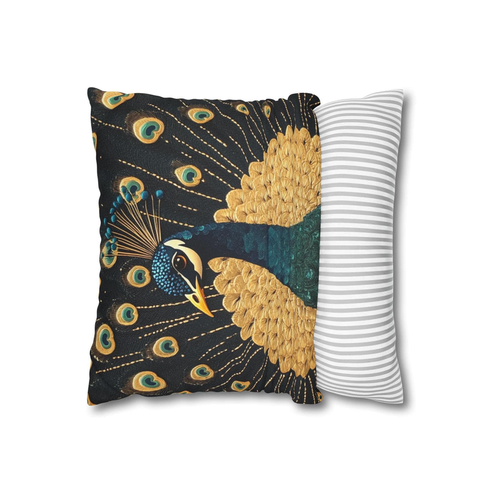 Gilded Peacock Throw Pillow, Ornate Feather Bird Cushion, Vintage Folk Art Home Decor, Elegant Botanical Accent Pillow