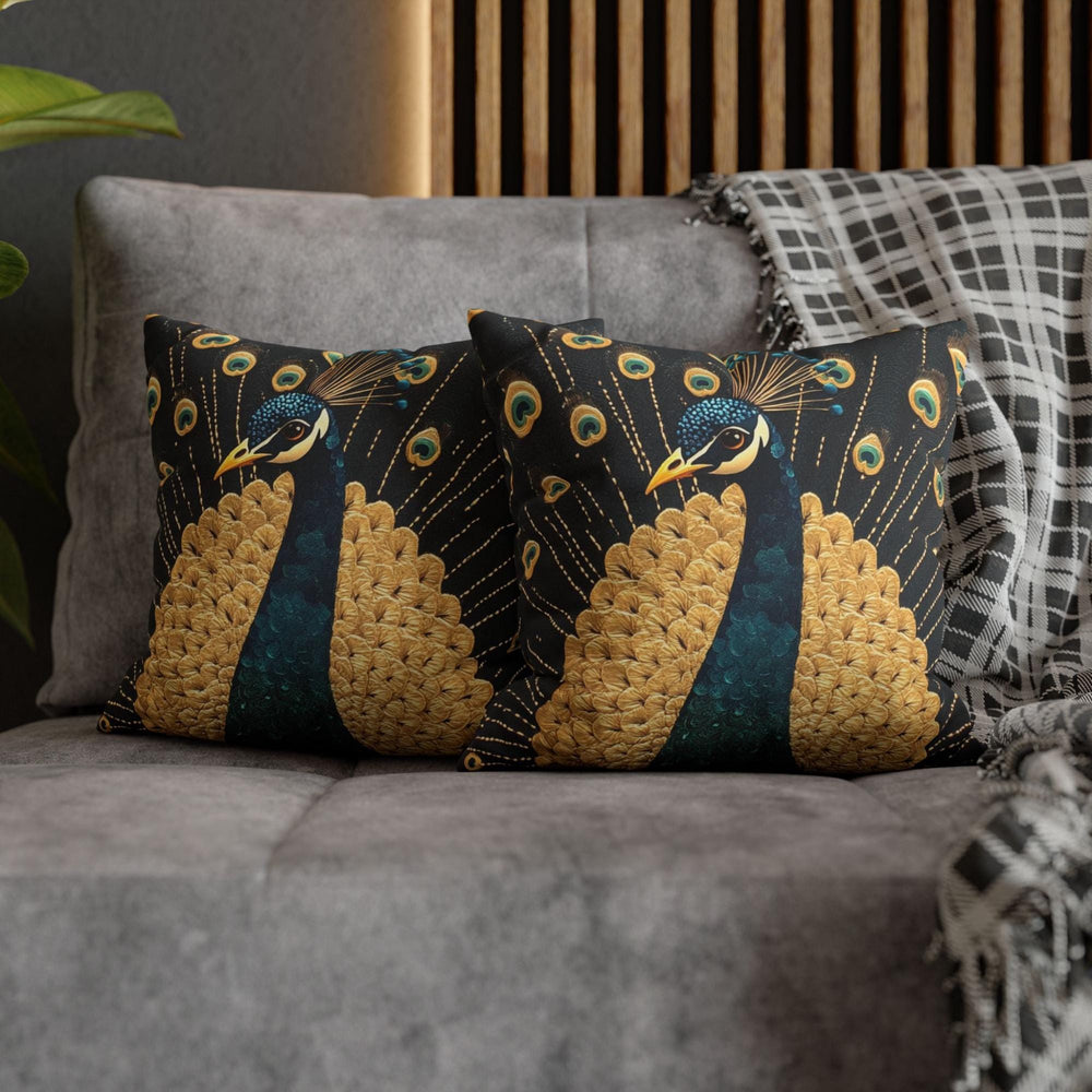 Gilded Peacock Throw Pillow, Ornate Feather Bird Cushion, Vintage Folk Art Home Decor, Elegant Botanical Accent Pillow