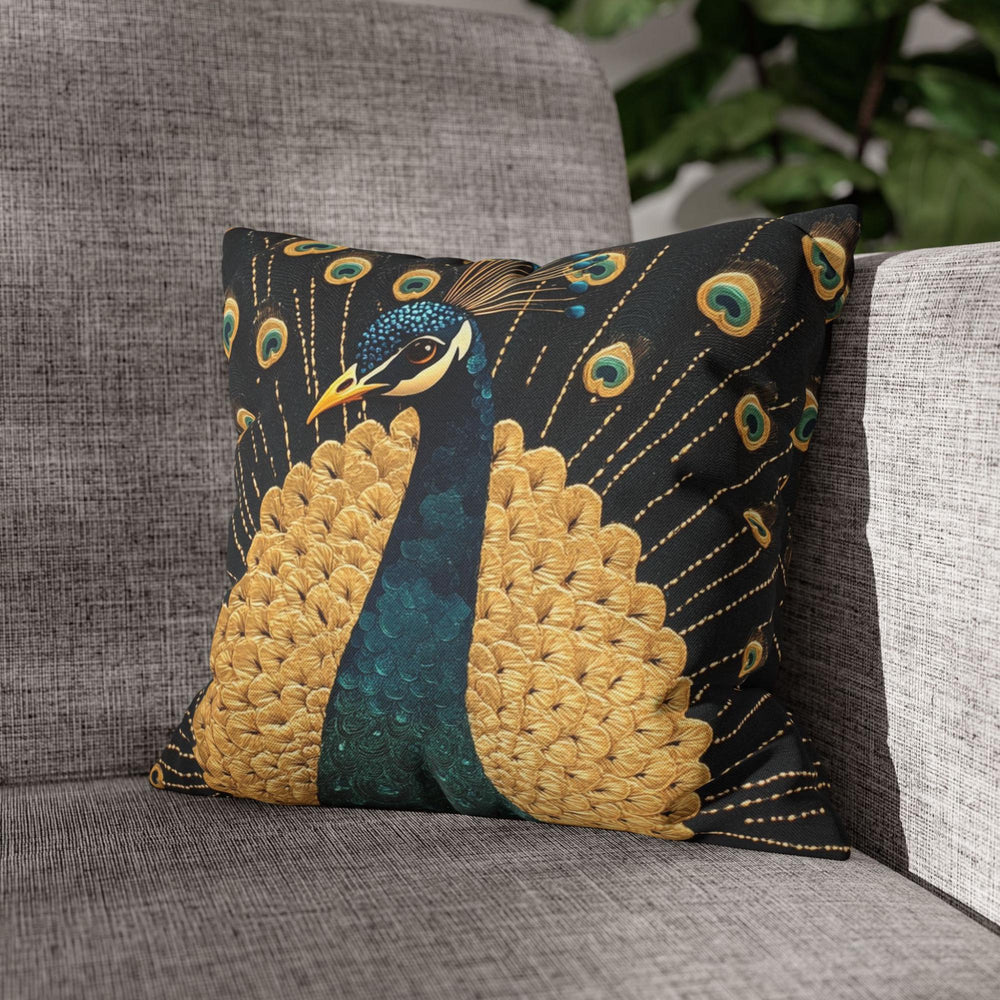 Gilded Peacock Throw Pillow, Ornate Feather Bird Cushion, Vintage Folk Art Home Decor, Elegant Botanical Accent Pillow