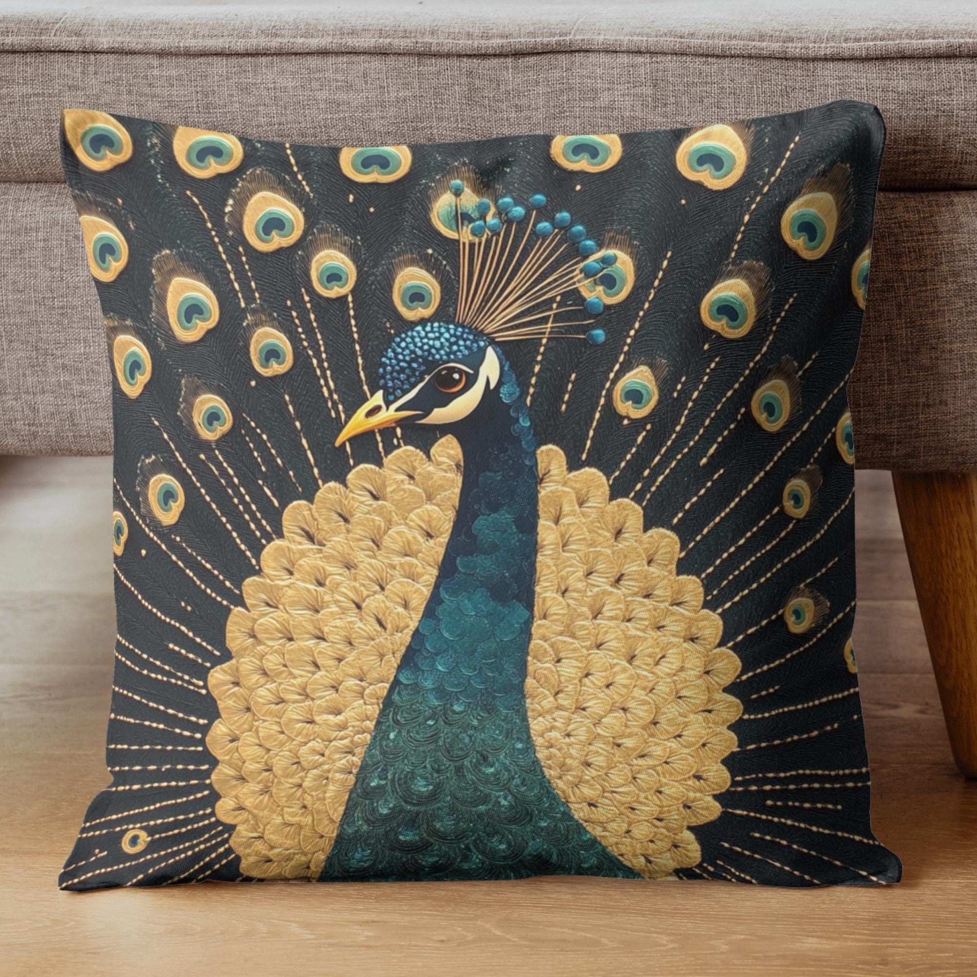 Gilded Peacock Throw Pillow, Ornate Feather Bird Cushion, Vintage Folk Art Home Decor, Elegant Botanical Accent Pillow