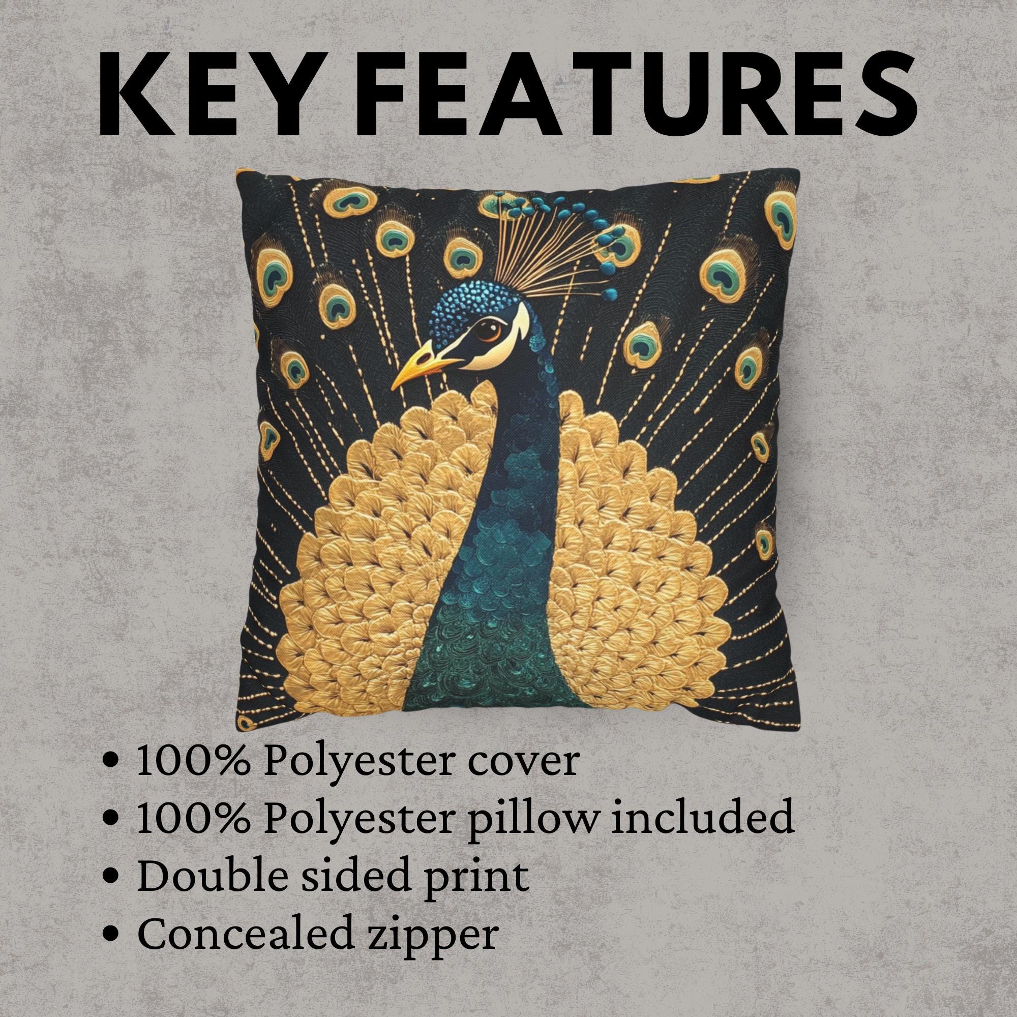 Gilded Peacock Throw Pillow, Ornate Feather Bird Cushion, Vintage Folk Art Home Decor, Elegant Botanical Accent Pillow