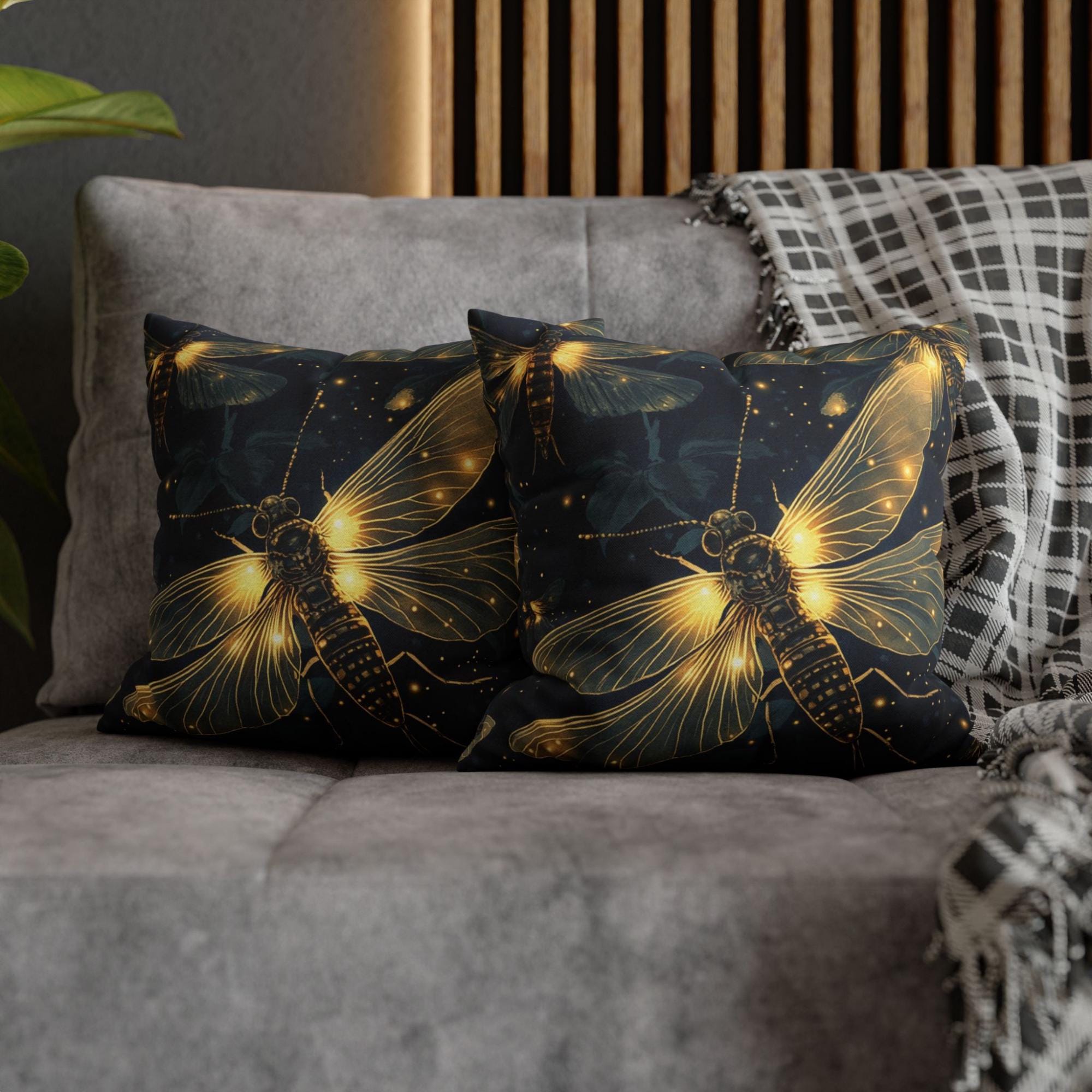 Glowing Firefly Night Throw Pillow, Vintage Insect Botanical Cushion, Dark Moody Nature Decor, Enchanted Garden Accent Pillow