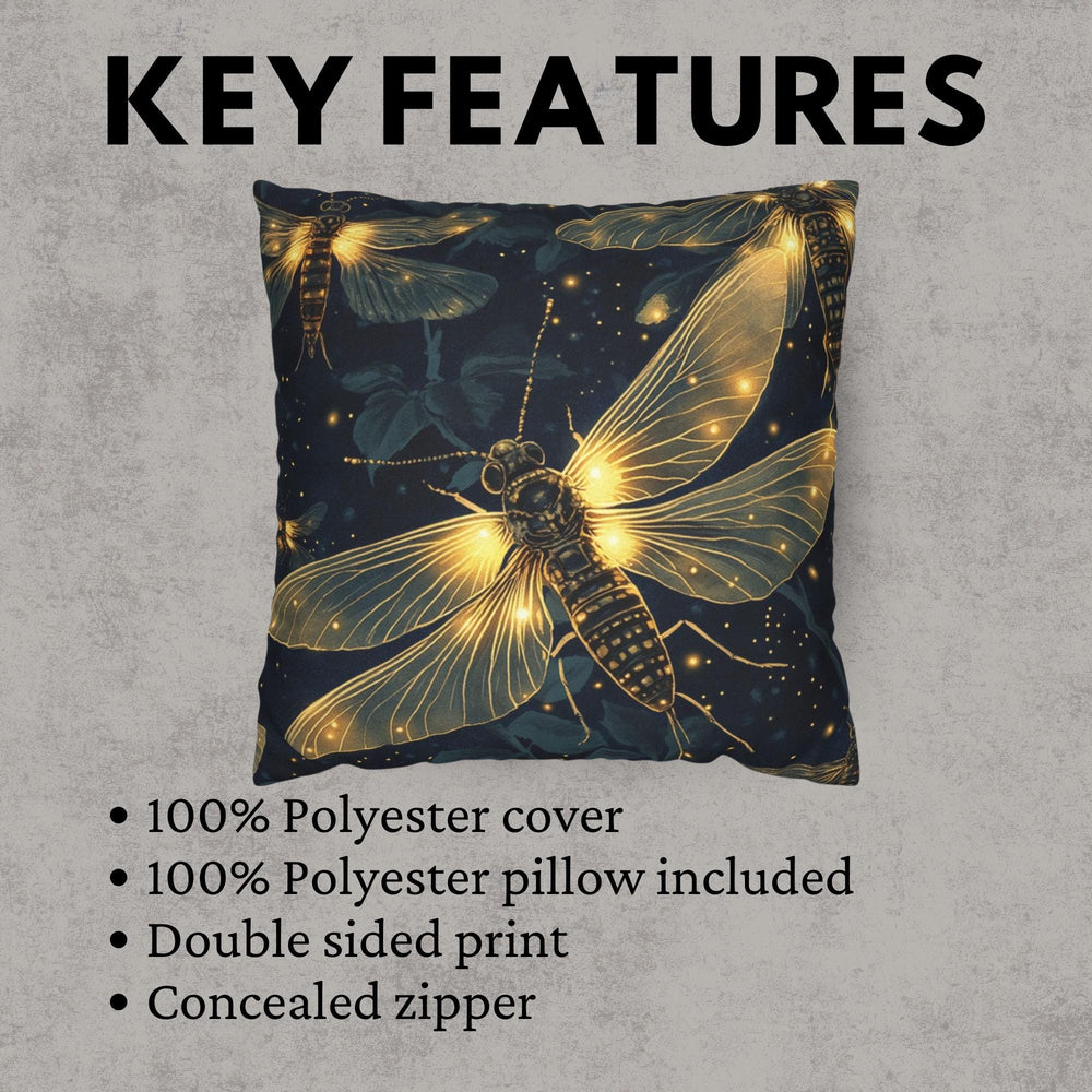 Glowing Firefly Night Throw Pillow, Vintage Insect Botanical Cushion, Dark Moody Nature Decor, Enchanted Garden Accent Pillow