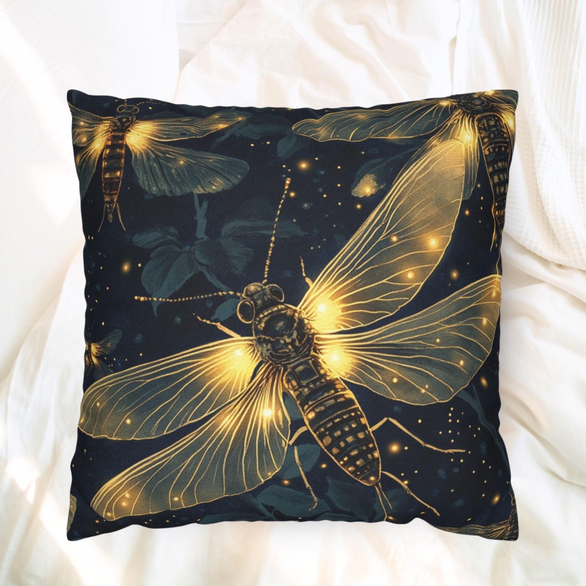 Glowing Firefly Night Throw Pillow, Vintage Insect Botanical Cushion, Dark Moody Nature Decor, Enchanted Garden Accent Pillow