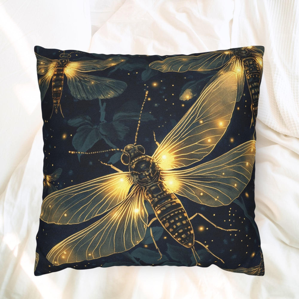Glowing Firefly Night Throw Pillow, Vintage Insect Botanical Cushion, Dark Moody Nature Decor, Enchanted Garden Accent Pillow