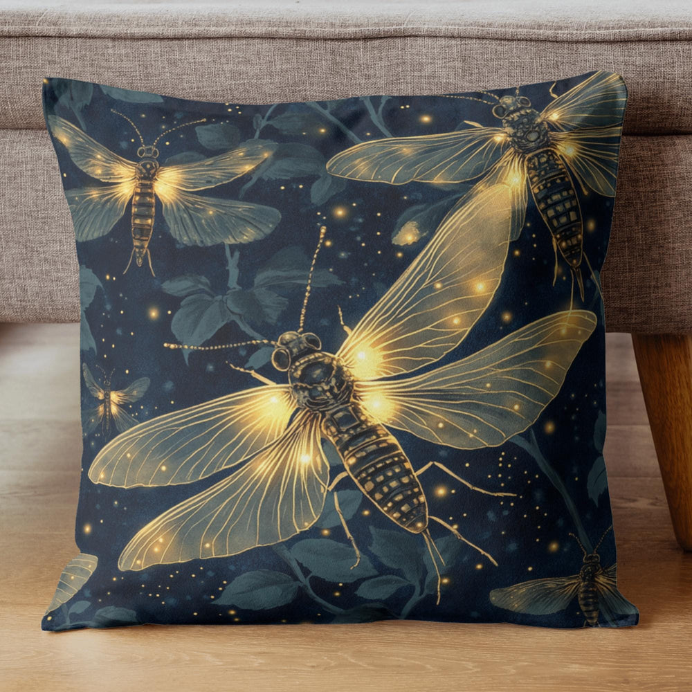 Glowing Firefly Night Throw Pillow, Vintage Insect Botanical Cushion, Dark Moody Nature Decor, Enchanted Garden Accent Pillow