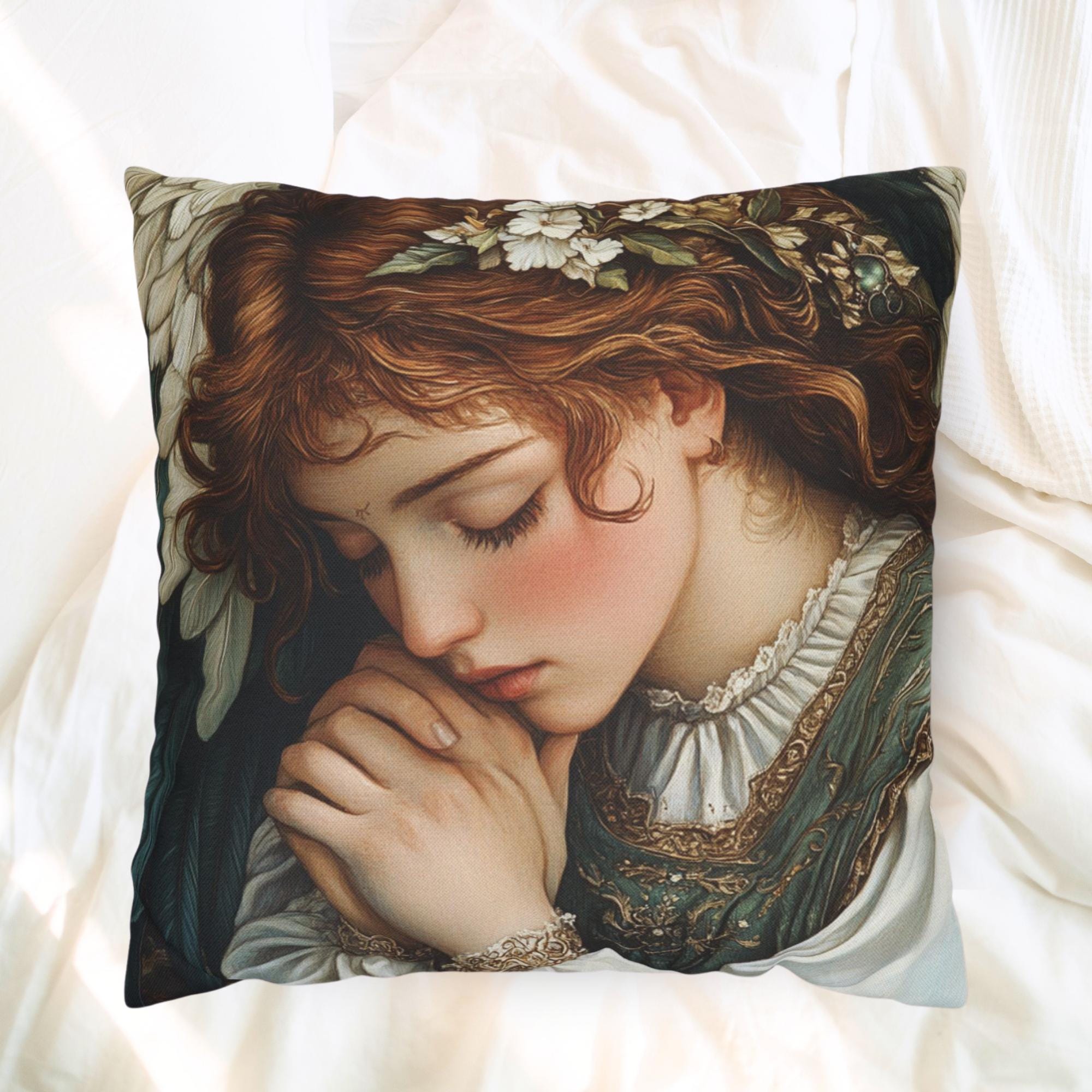 Angelic Goddess Throw Pillow, Romantic Vintage Angel Cushion, Soft Renaissance Style Pillow, Serene Cottagecore Home Decor