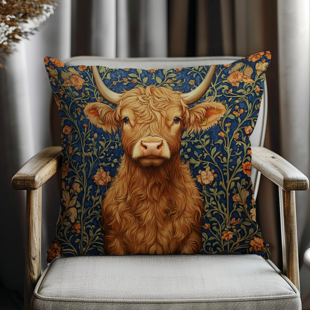 Highland Cow Floral Throw Pillow, Vintage Farm Animal Cushion, Dark Moody Botanical Decor, Enchanted Cottage Accent Pillow