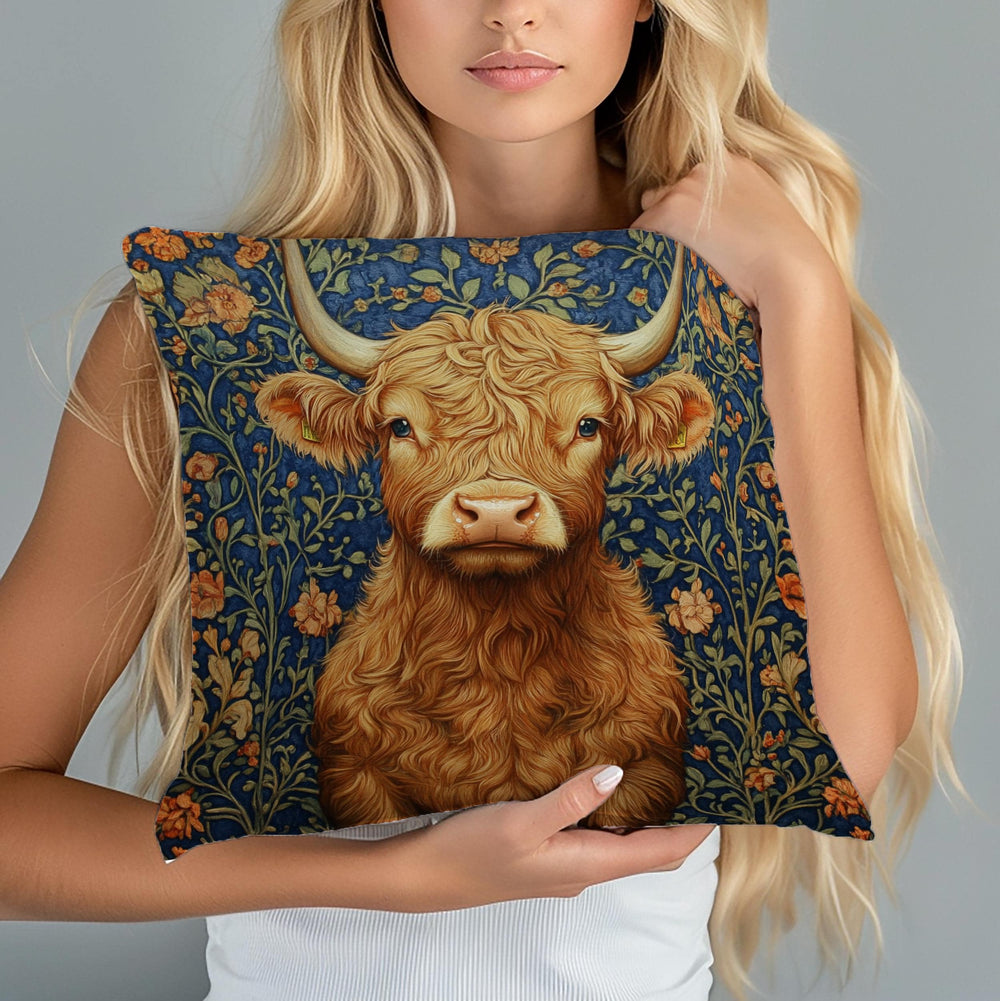 Highland Cow Floral Throw Pillow, Vintage Farm Animal Cushion, Dark Moody Botanical Decor, Enchanted Cottage Accent Pillow